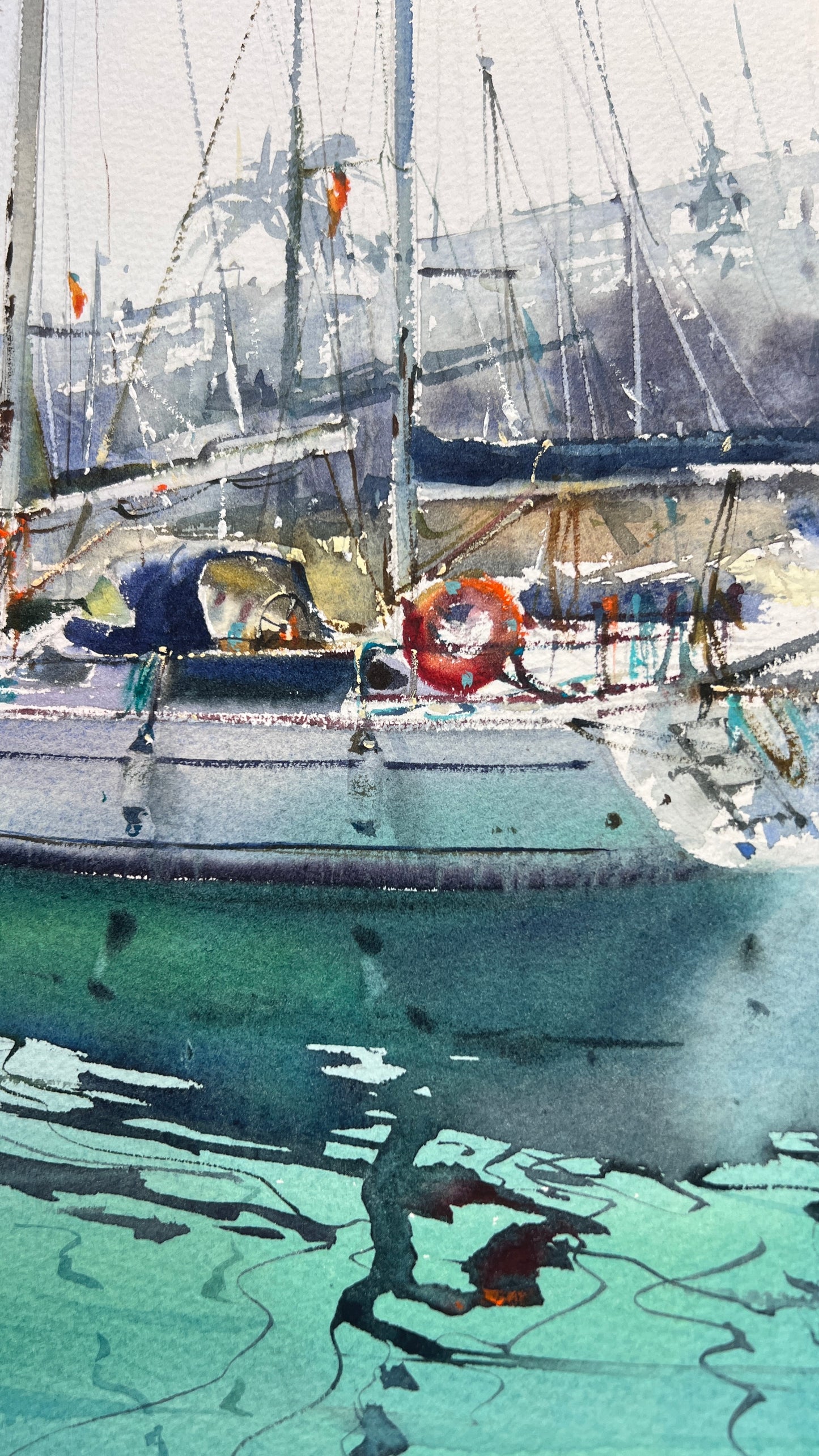 Tropical Sailboat Watercolor Painting, Coastal Marina Art, Emerald Silence 12x16
