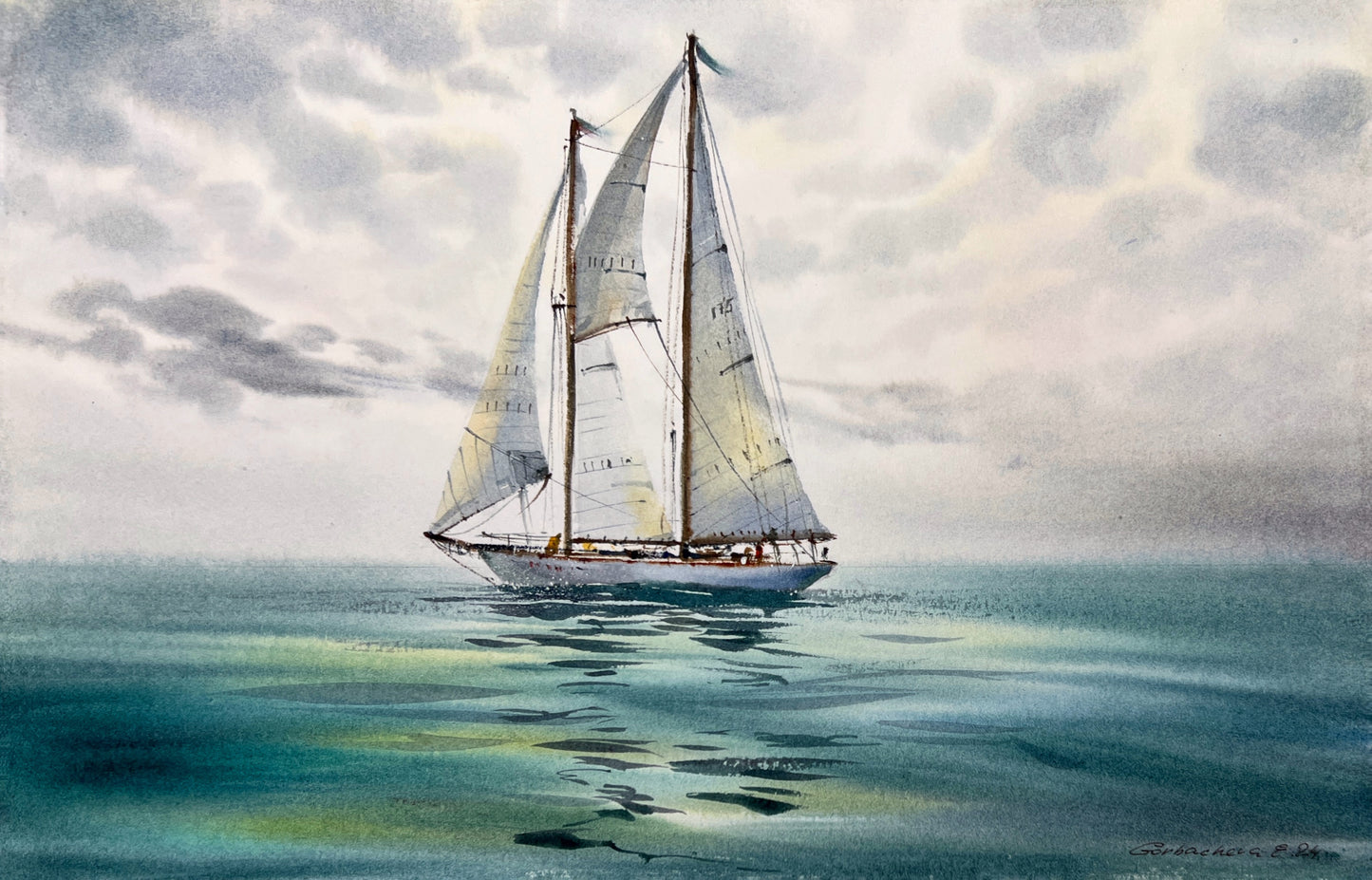 Original Under Sail #4 Watercolor Painting, Yacht at Sea - Perfect 8x12 Inch Gift