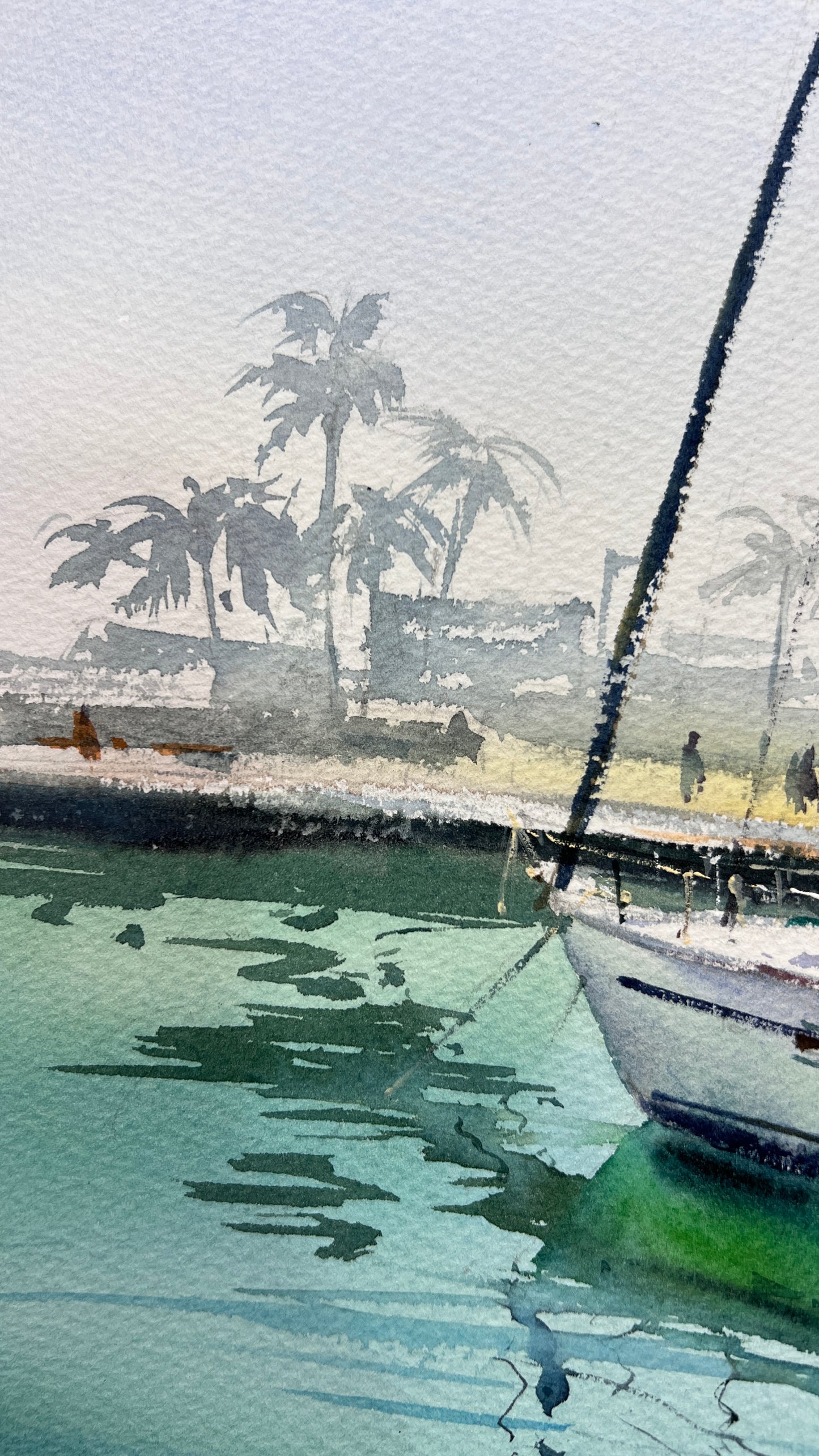 Tropical Sailboat Watercolor Painting, Coastal Marina Art, Emerald Silence 12x16