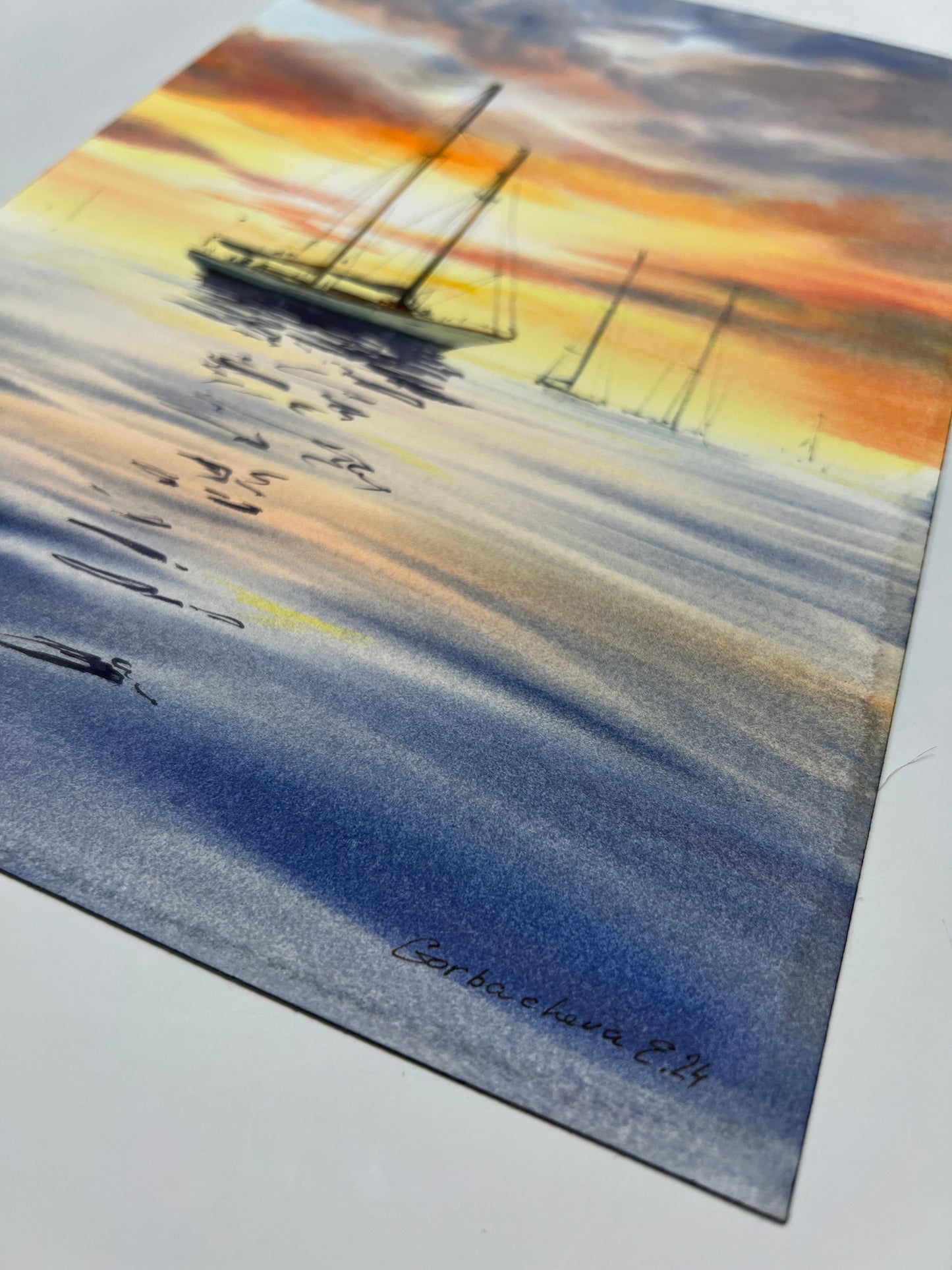 Yachts at Sunset #18 - Sunset Watercolor Painting, Nautical Art, Ocean Decor