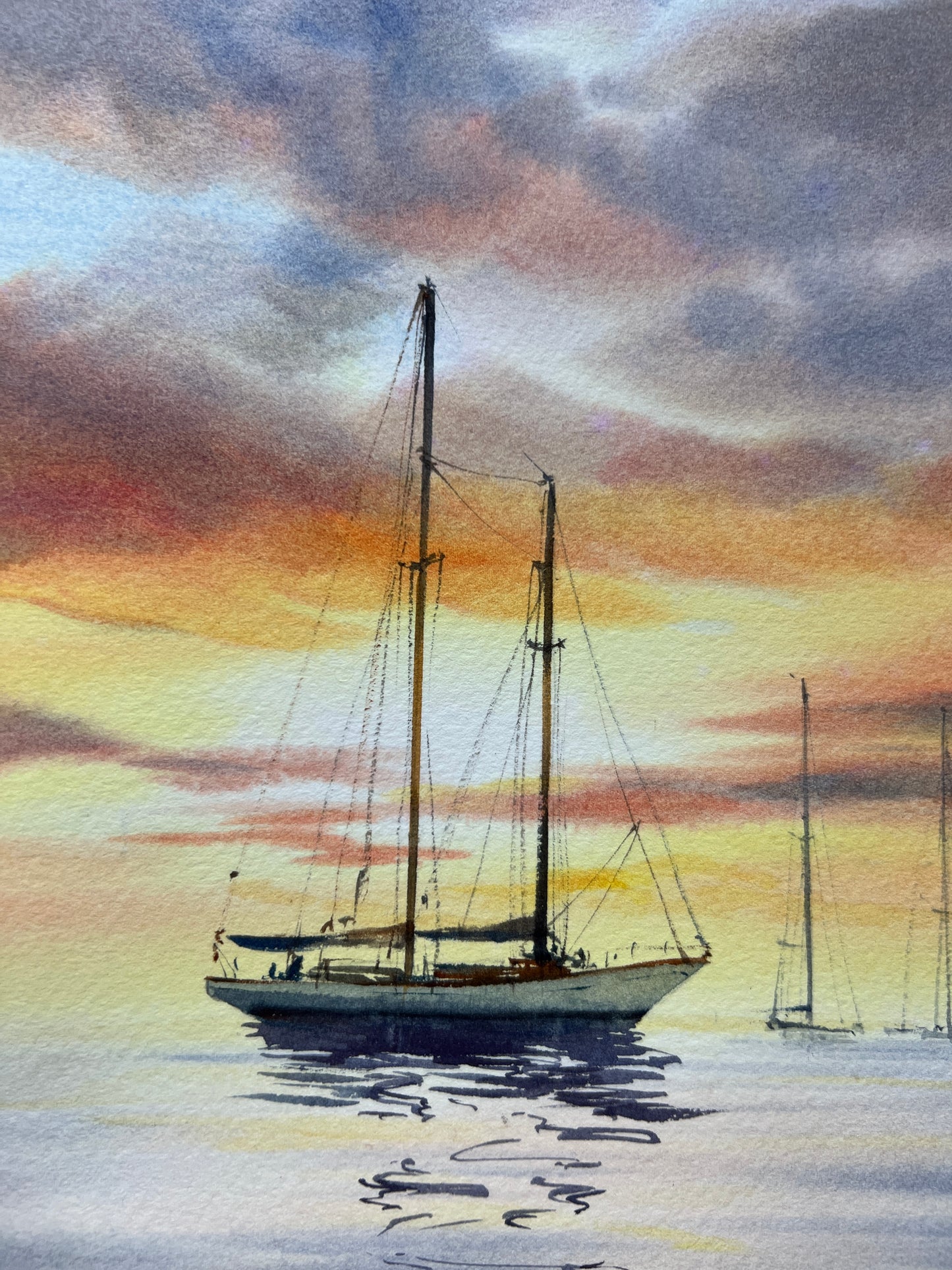 Yachts at Sunset #18 - Sunset Watercolor Painting, Nautical Art, Ocean Decor