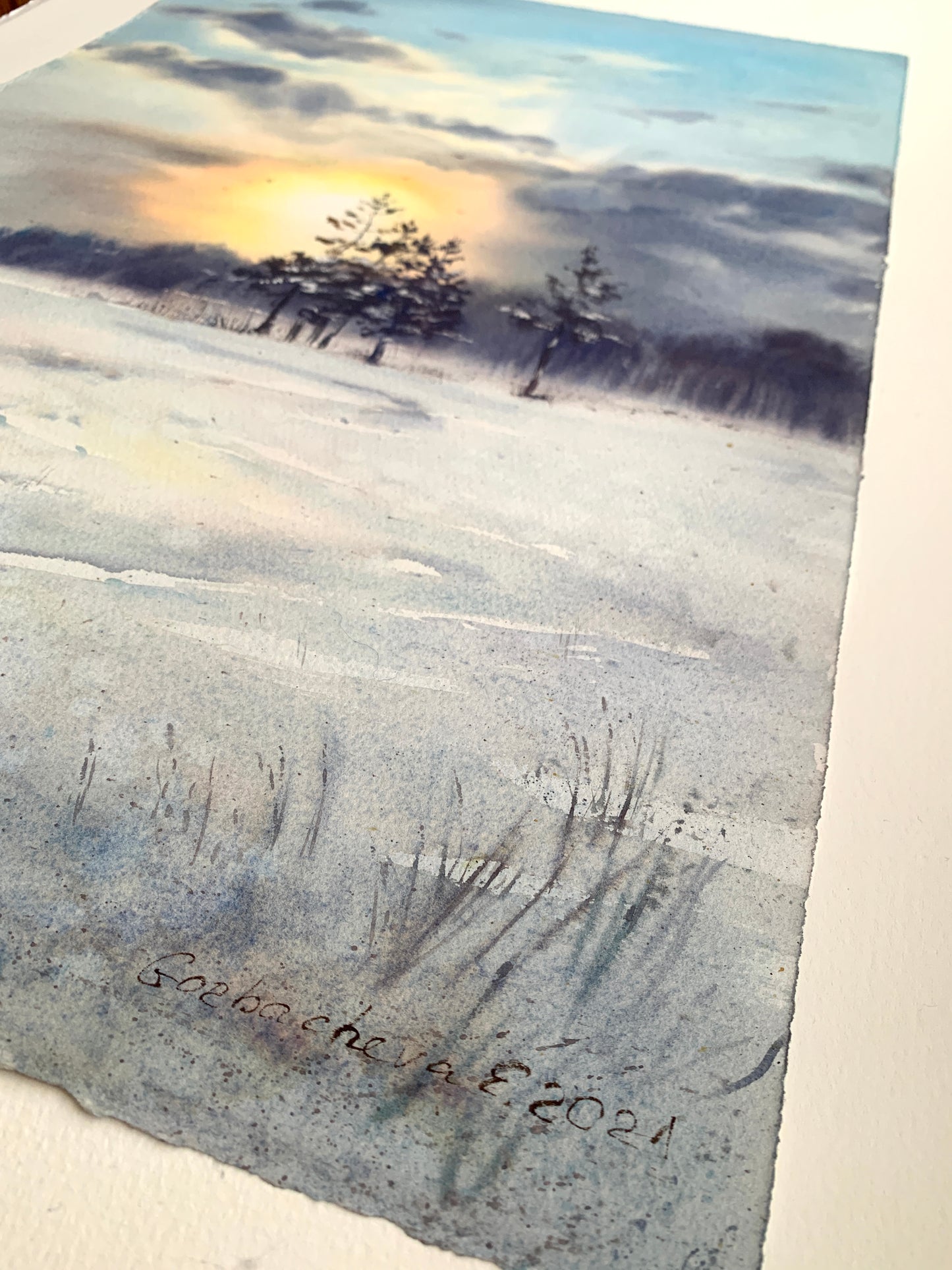 Winter Landscape Watercolor Painting - Frosty morning #2 - 15x22 in