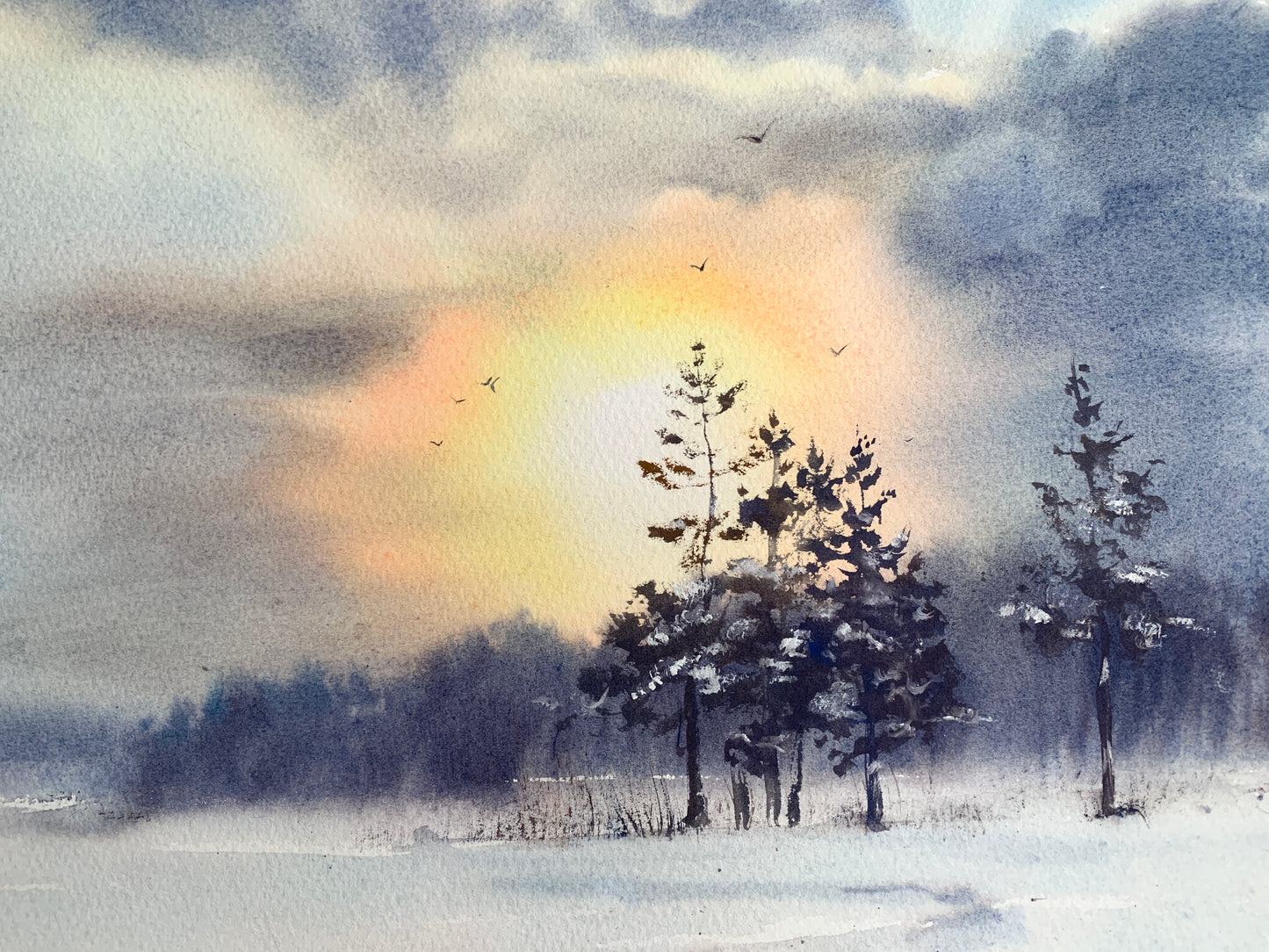 Winter Landscape Watercolor Painting - Frosty morning #2 - 15x22 in