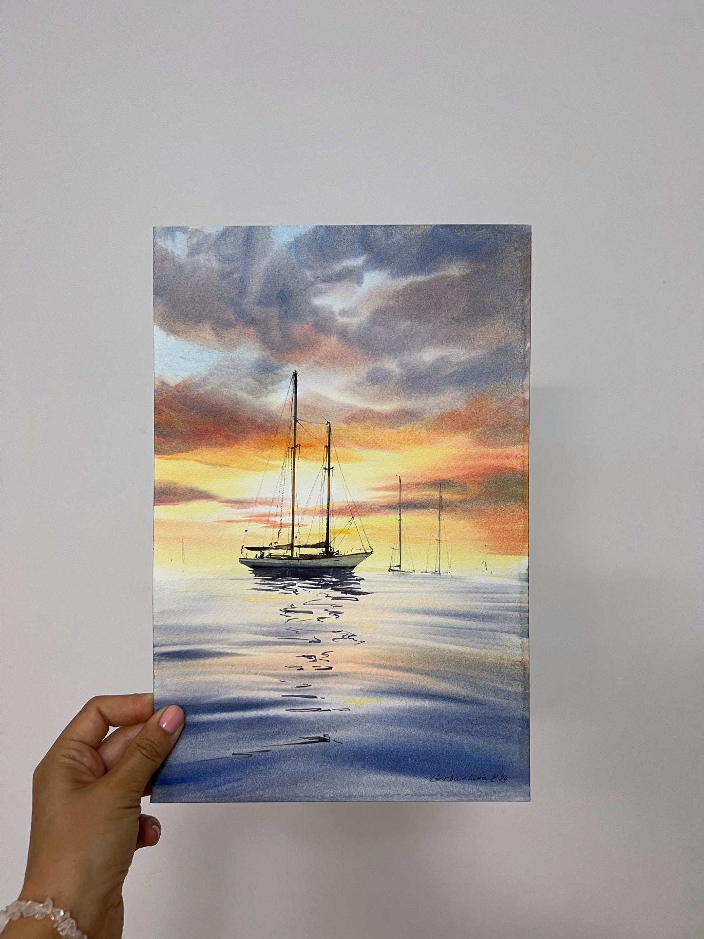 Yachts at Sunset #18 - Sunset Watercolor Painting, Nautical Art, Ocean Decor