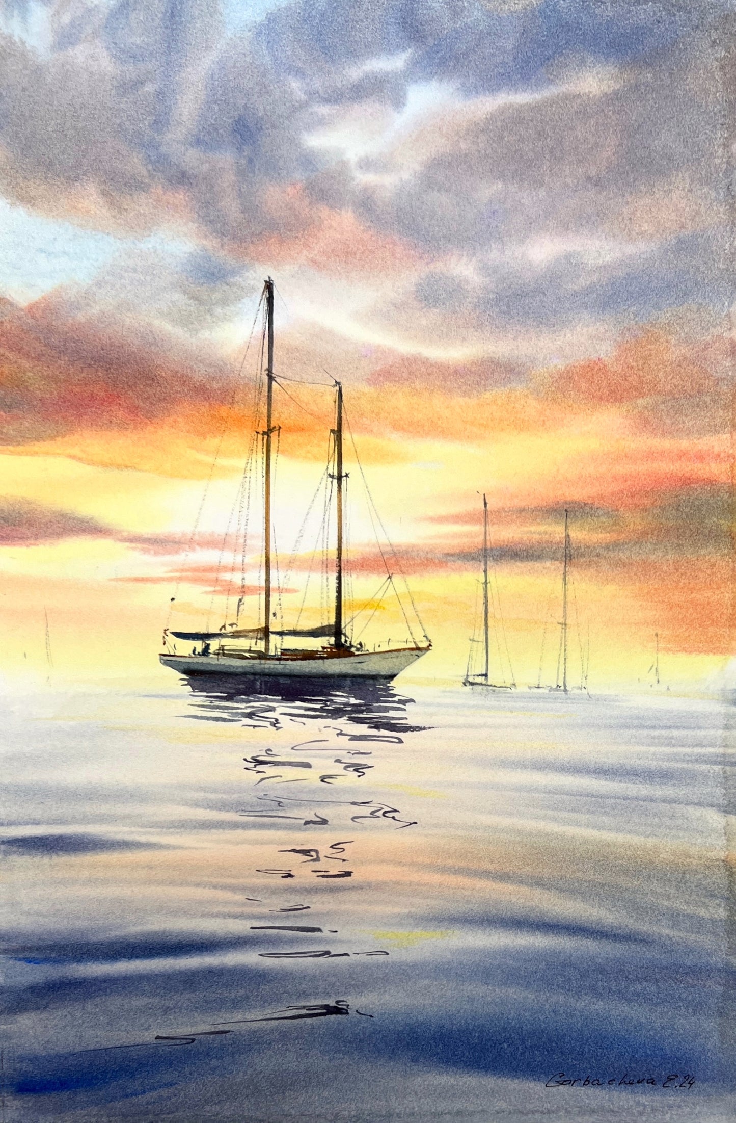 Yachts at Sunset #18 - Sunset Watercolor Painting, Nautical Art, Ocean Decor