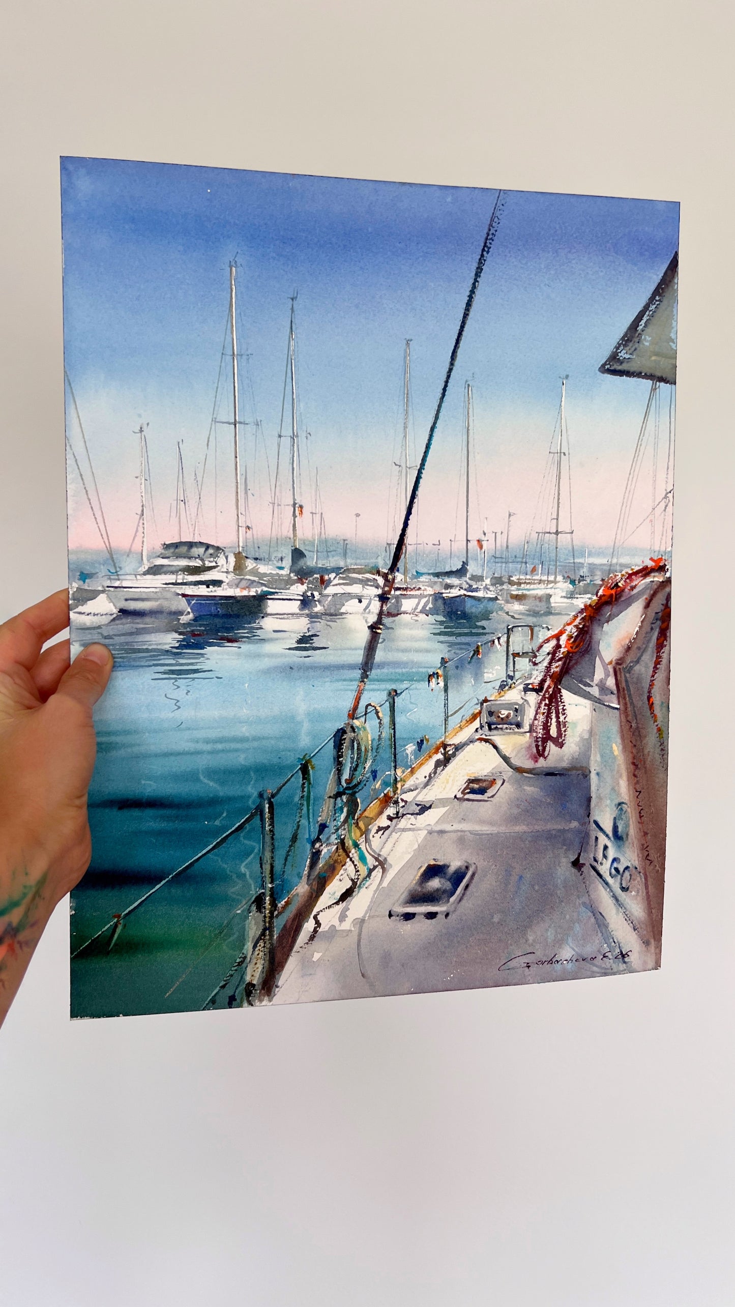 Original Watercolor Sailboat Art, Turquoise Harbor Painting, Still Waters of Spain 12x16