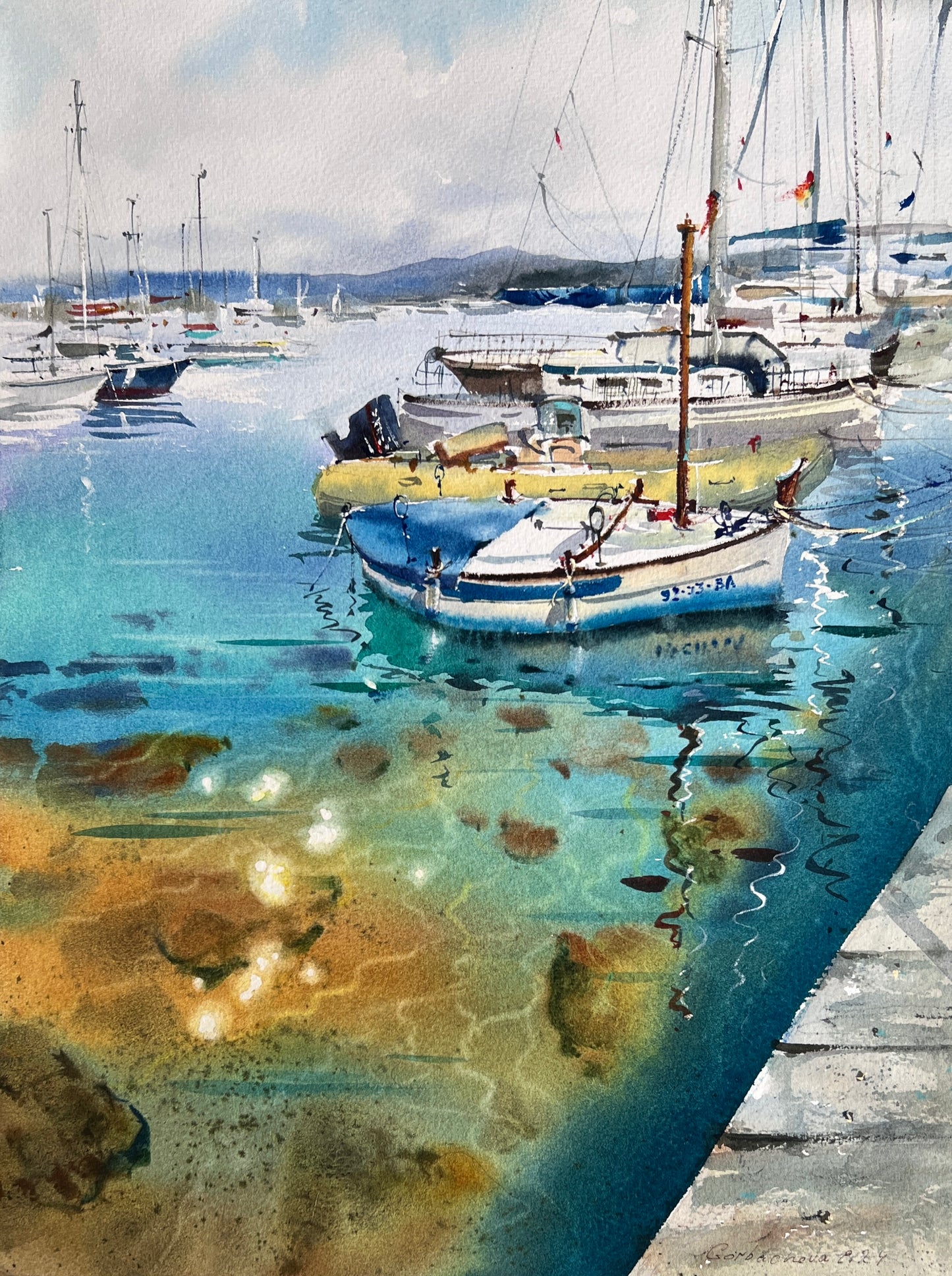 Original Watercolor Harbor Painting, Coastal Boats Art, Yachts at anchor #20 12x16
