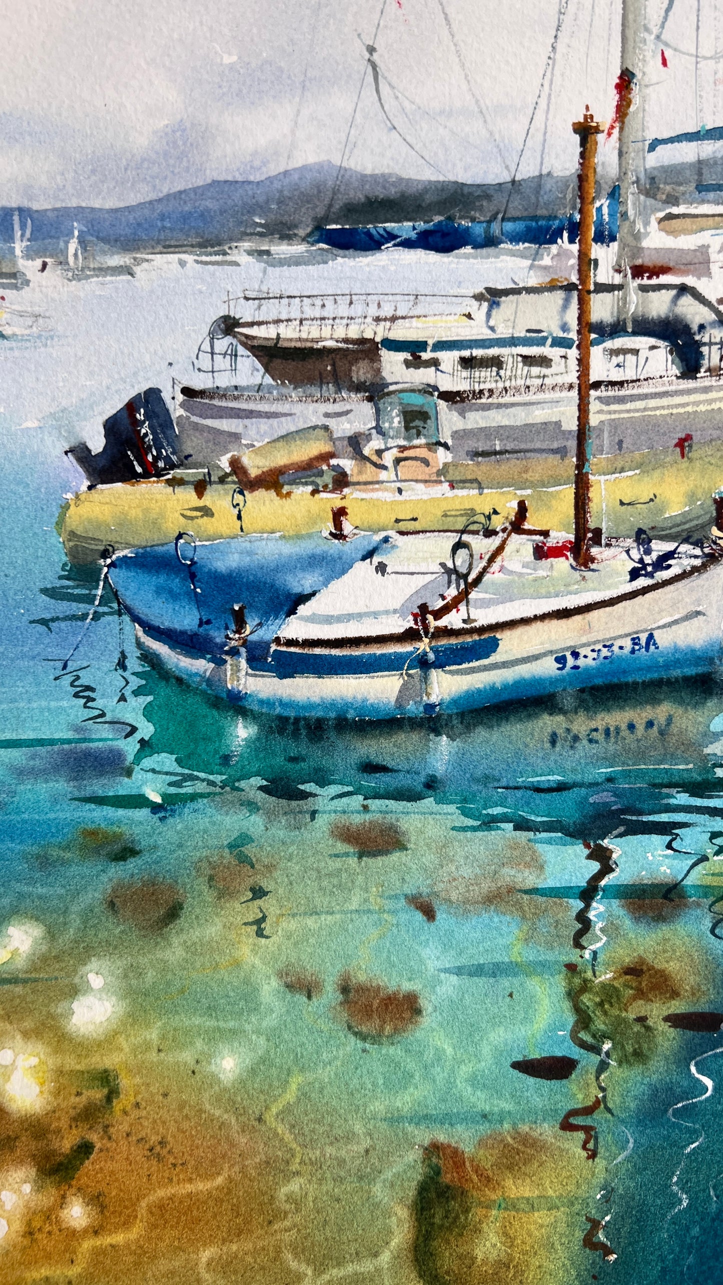 Original Watercolor Harbor Painting, Coastal Boats Art, Yachts at anchor #20 12x16