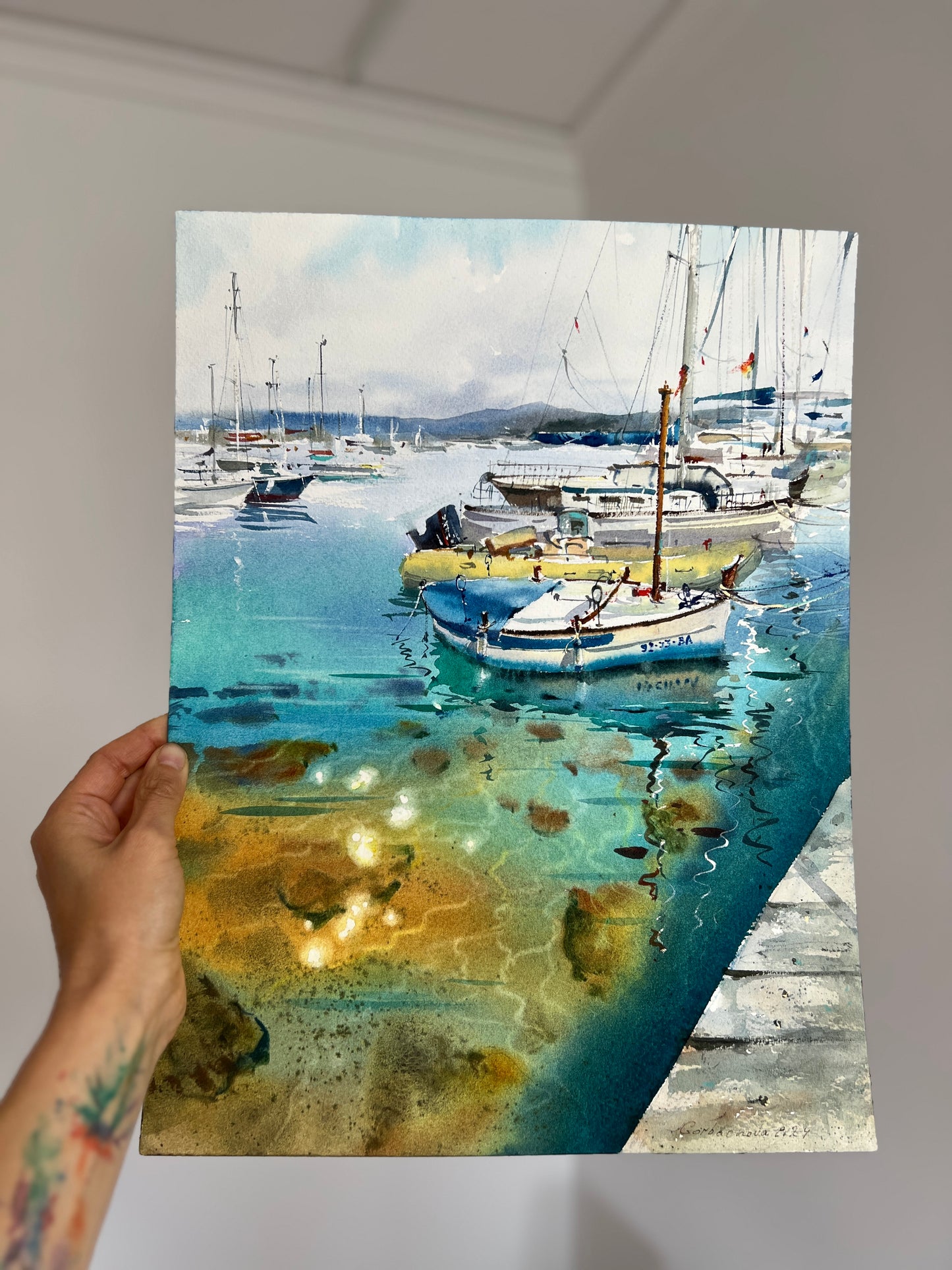 Original Watercolor Harbor Painting, Coastal Boats Art, Yachts at anchor #20 12x16