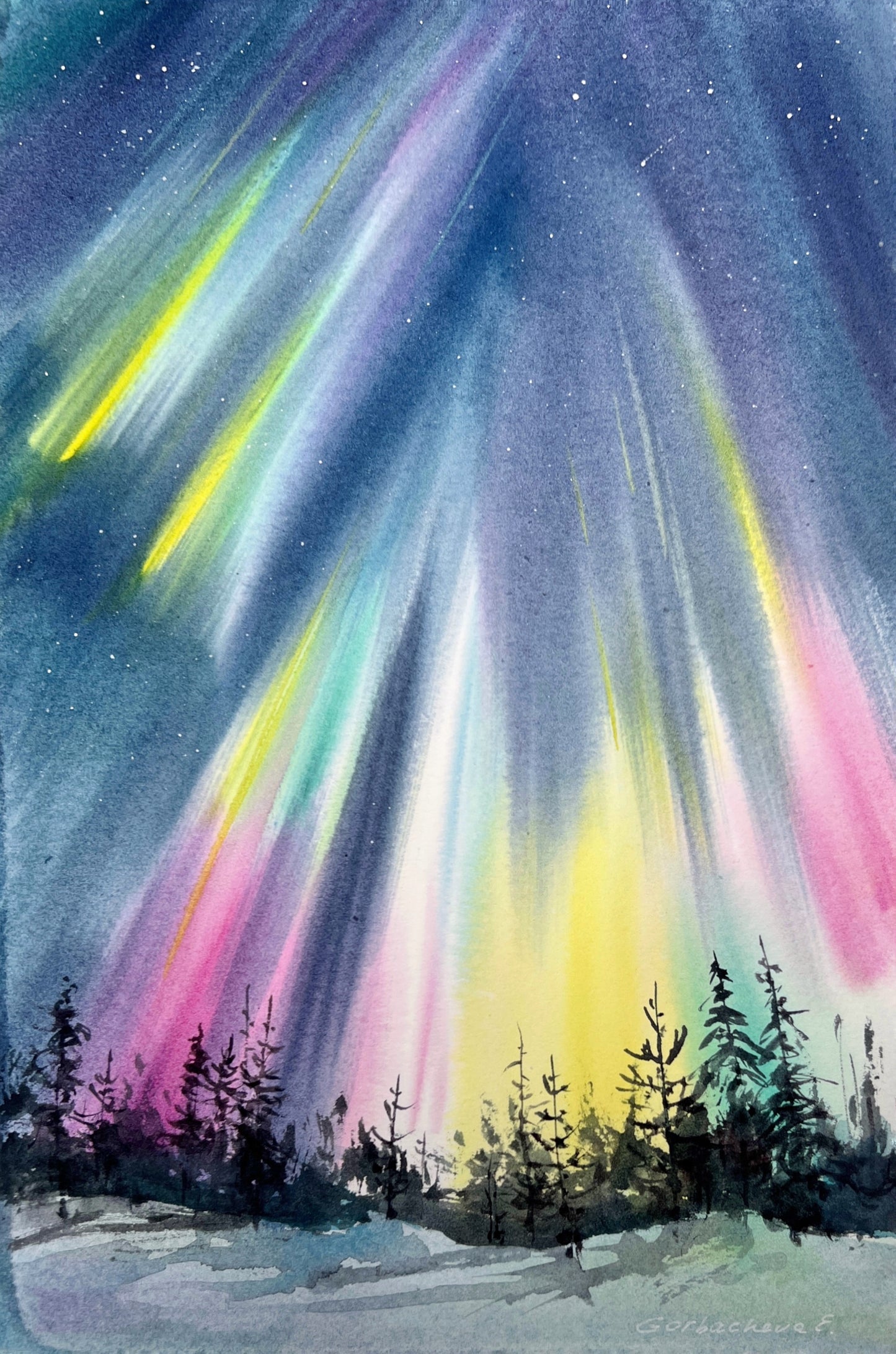 Original Watercolor Painting - Northern Lights #51 - Snowy Scenery, Aurora Night Sky Christmas Art