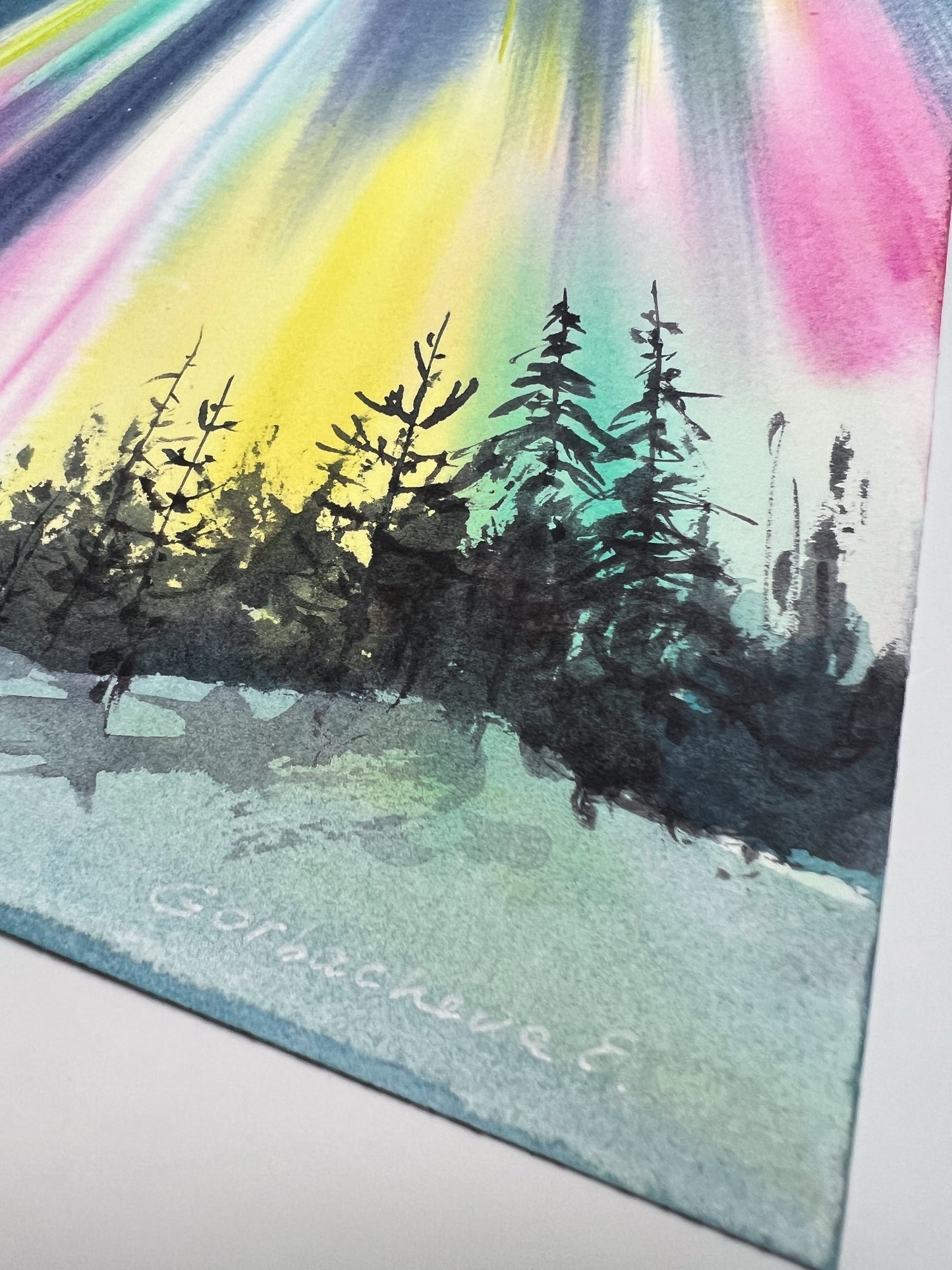 Original Watercolor Painting - Northern Lights #51 - Snowy Scenery, Aurora Night Sky Christmas Art