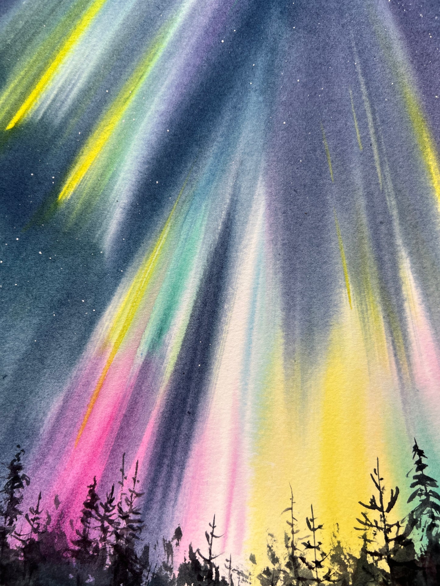 Original Watercolor Painting - Northern Lights #51 - Snowy Scenery, Aurora Night Sky Christmas Art