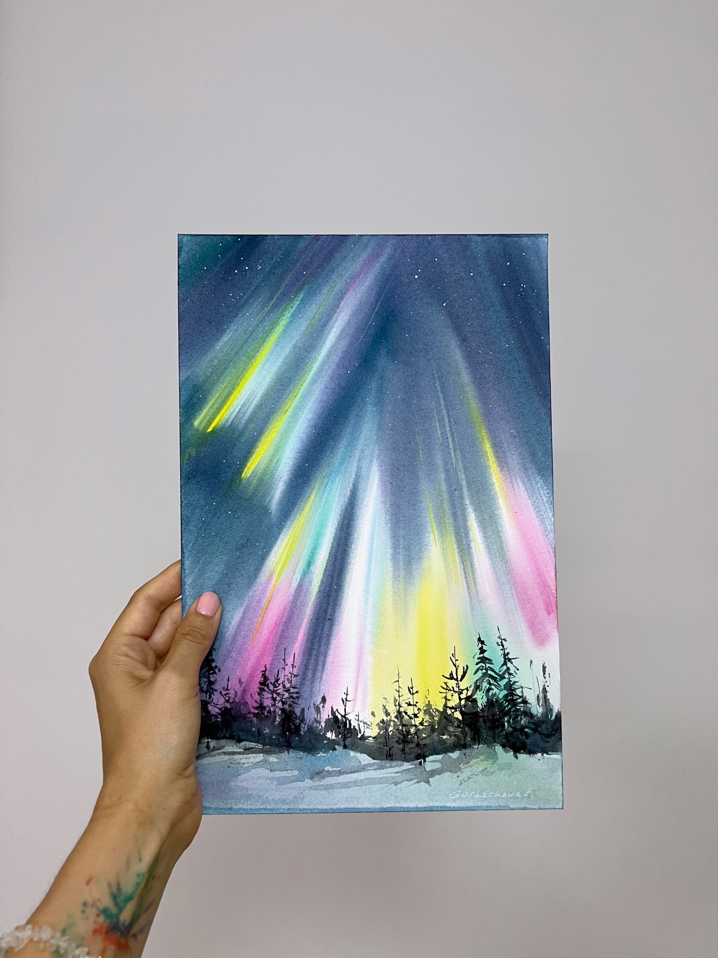 Original Watercolor Painting - Northern Lights #51 - Snowy Scenery, Aurora Night Sky Christmas Art