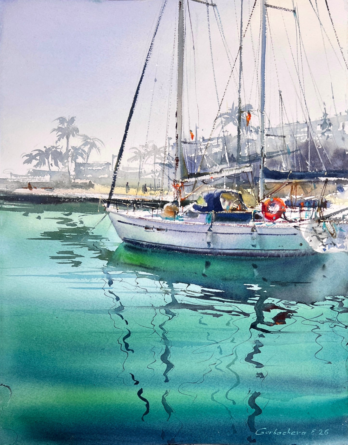 Tropical Sailboat Watercolor Painting, Coastal Marina Art, Emerald Silence 12x16