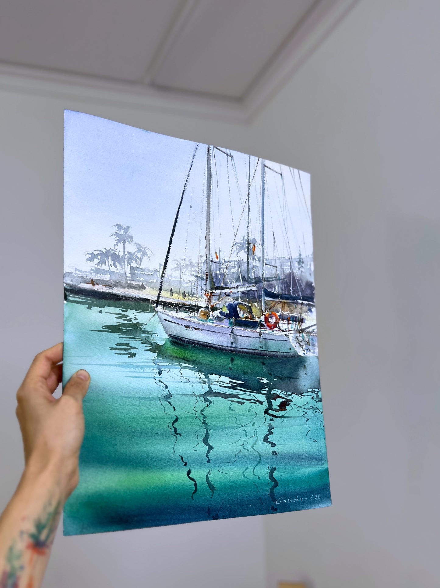 Tropical Sailboat Watercolor Painting, Coastal Marina Art, Emerald Silence 12x16
