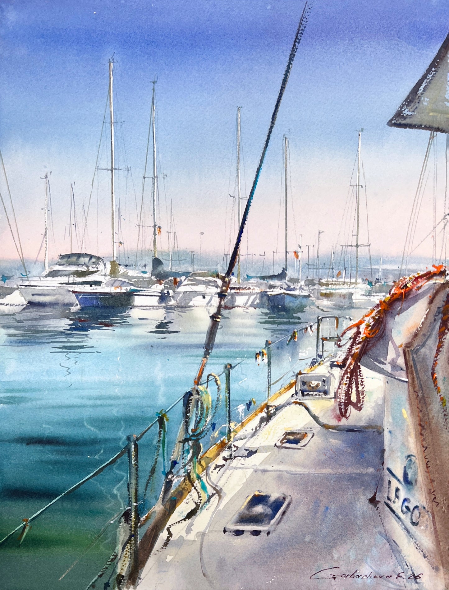 Original Watercolor Sailboat Art, Turquoise Harbor Painting, Still Waters of Spain 12x16