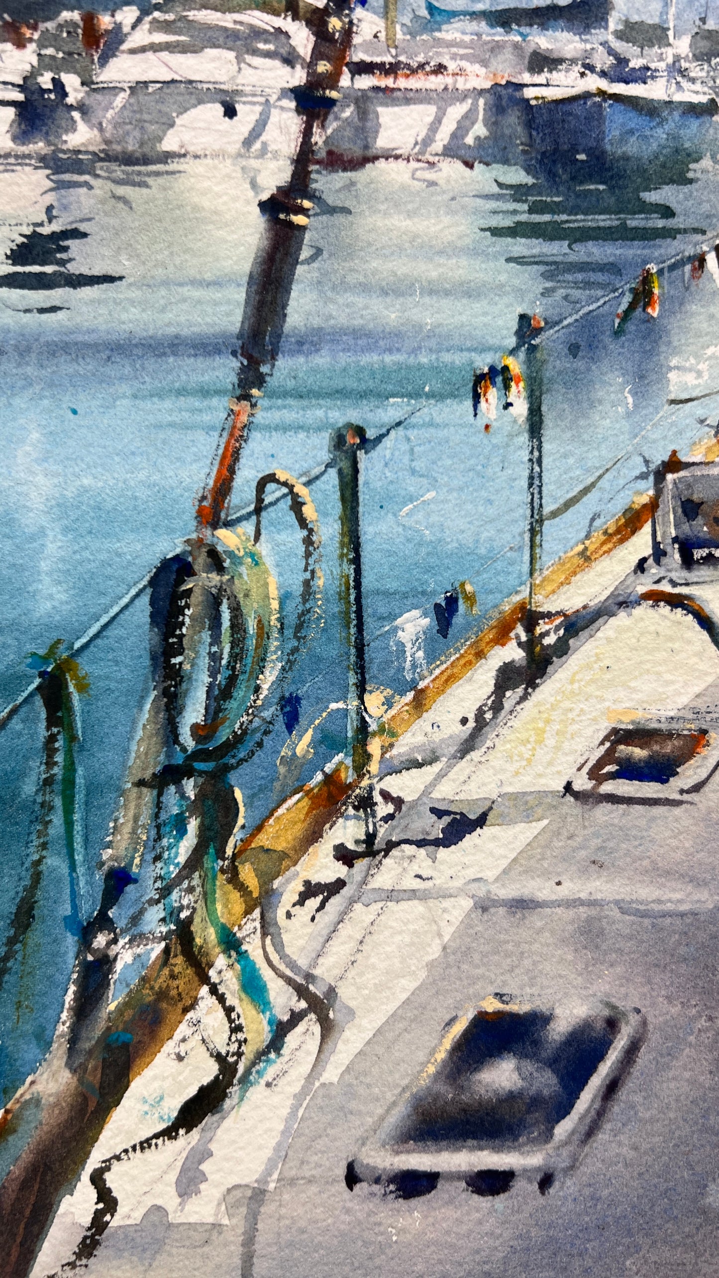 Original Watercolor Sailboat Art, Turquoise Harbor Painting, Still Waters of Spain 12x16