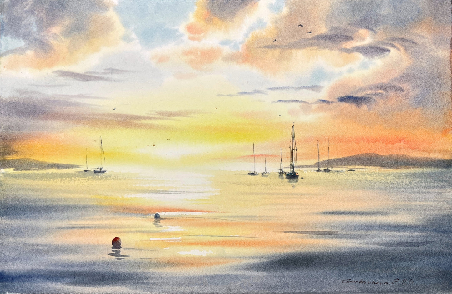 Stunning Watercolor Painting, Perfect Gift for Sea Enthusiasts - Yachts at sunset #19