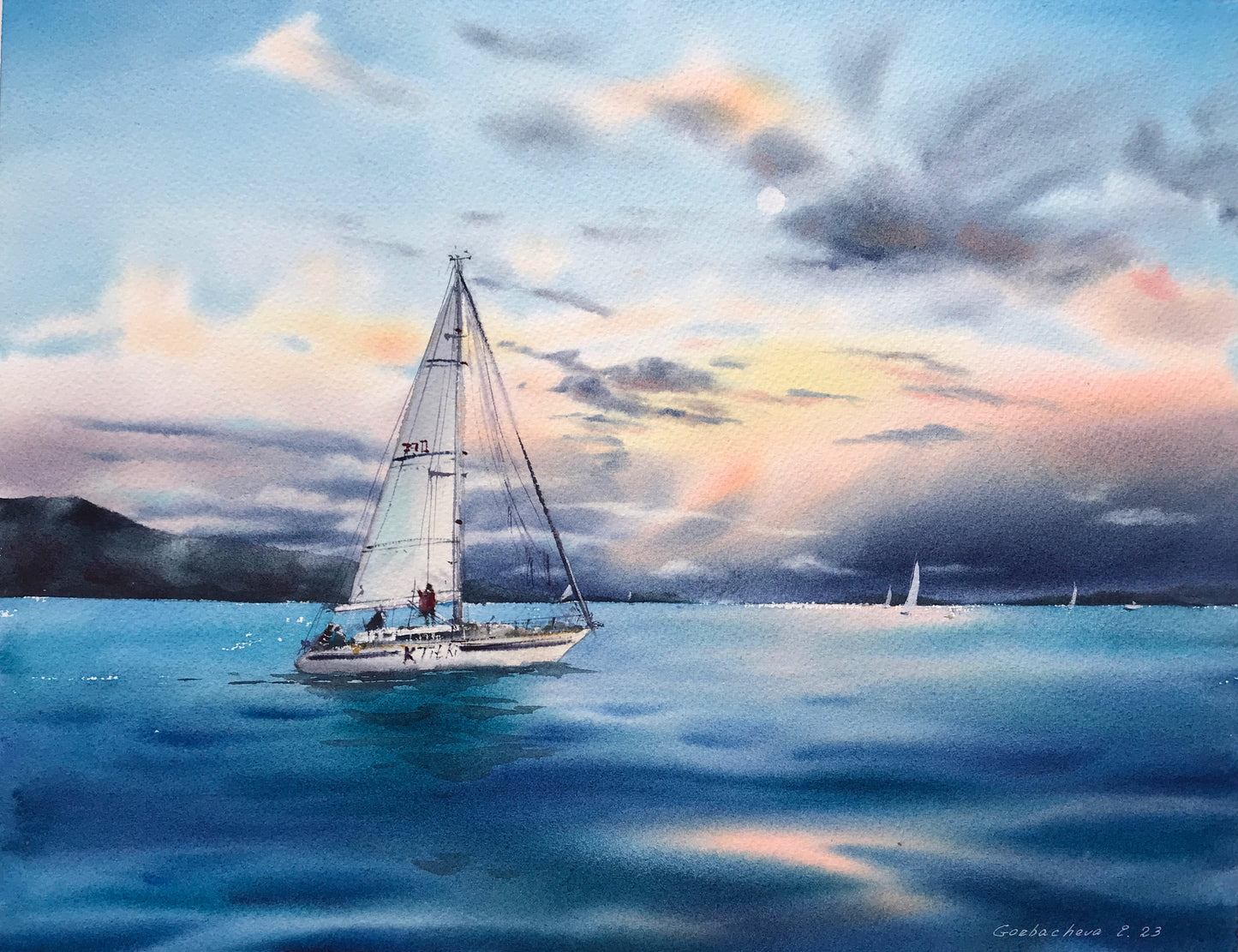 Original Sailboat Watercolor Painting, Ocean Sunset Art, Yacht in the sea at sunset #5