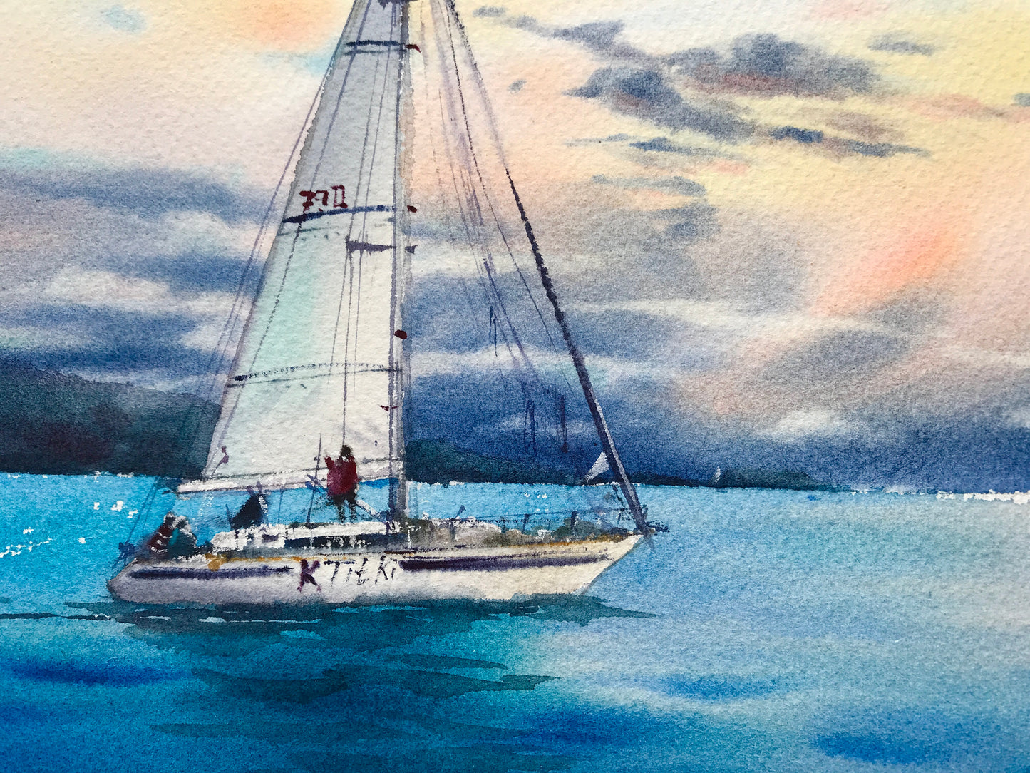Original Sailboat Watercolor Painting, Ocean Sunset Art, Yacht in the sea at sunset #5