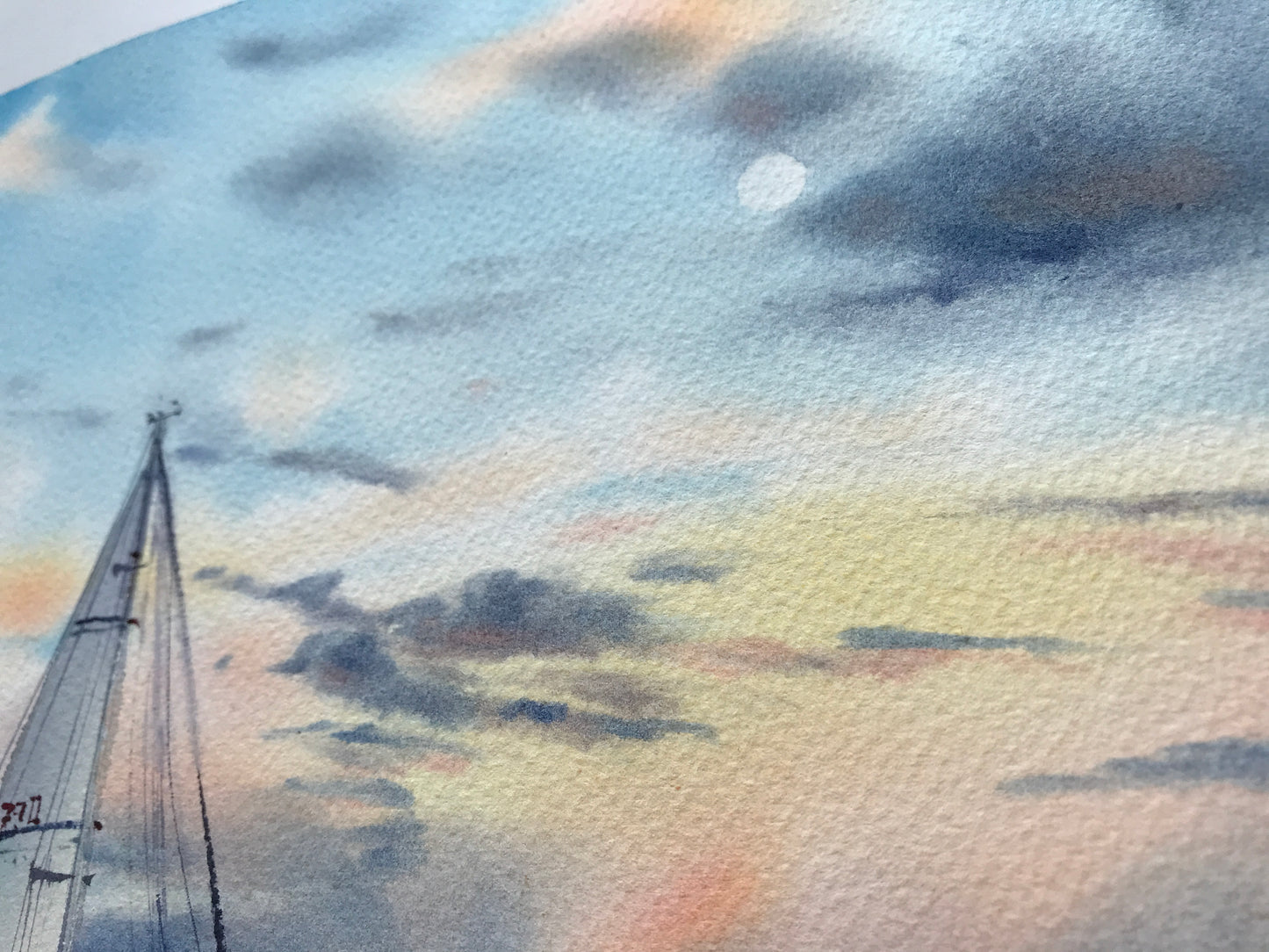 Original Sailboat Watercolor Painting, Ocean Sunset Art, Yacht in the sea at sunset #5