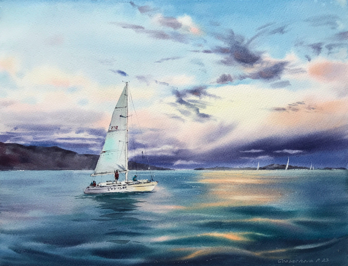 Original Sailboat Watercolor Painting, Ocean Sunset Art, Yacht in the sea at sunset #6 12x16
