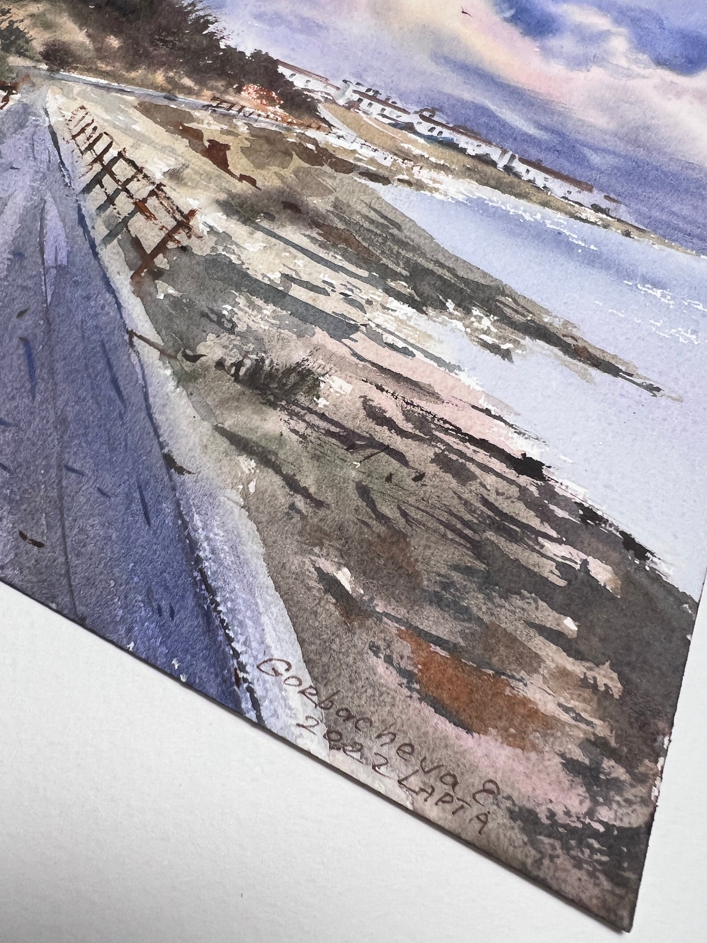 Watercolor Painting Coastal Path, Original Art, Purple Sky Painting, Modern Artwork, Seascape, Gifts Idea