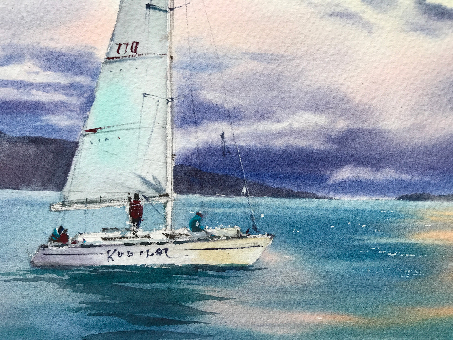 Original Sailboat Watercolor Painting, Ocean Sunset Art, Yacht in the sea at sunset #6 12x16