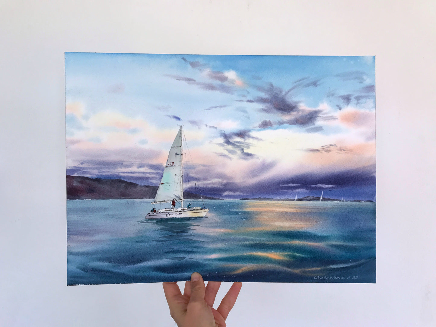 Original Sailboat Watercolor Painting, Ocean Sunset Art, Yacht in the sea at sunset #6 12x16