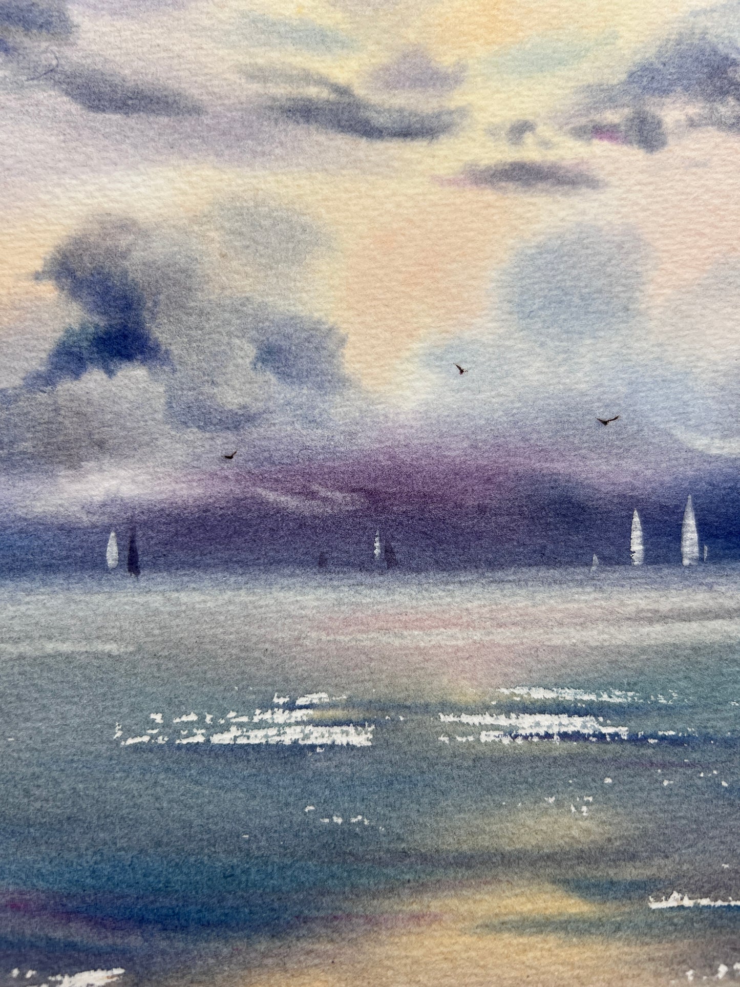 Small Seascape Painting Watercolor Original, Coastal Wall Art Decor, Yachting Artwork, Unique Gift For Mom, Purple Clouds