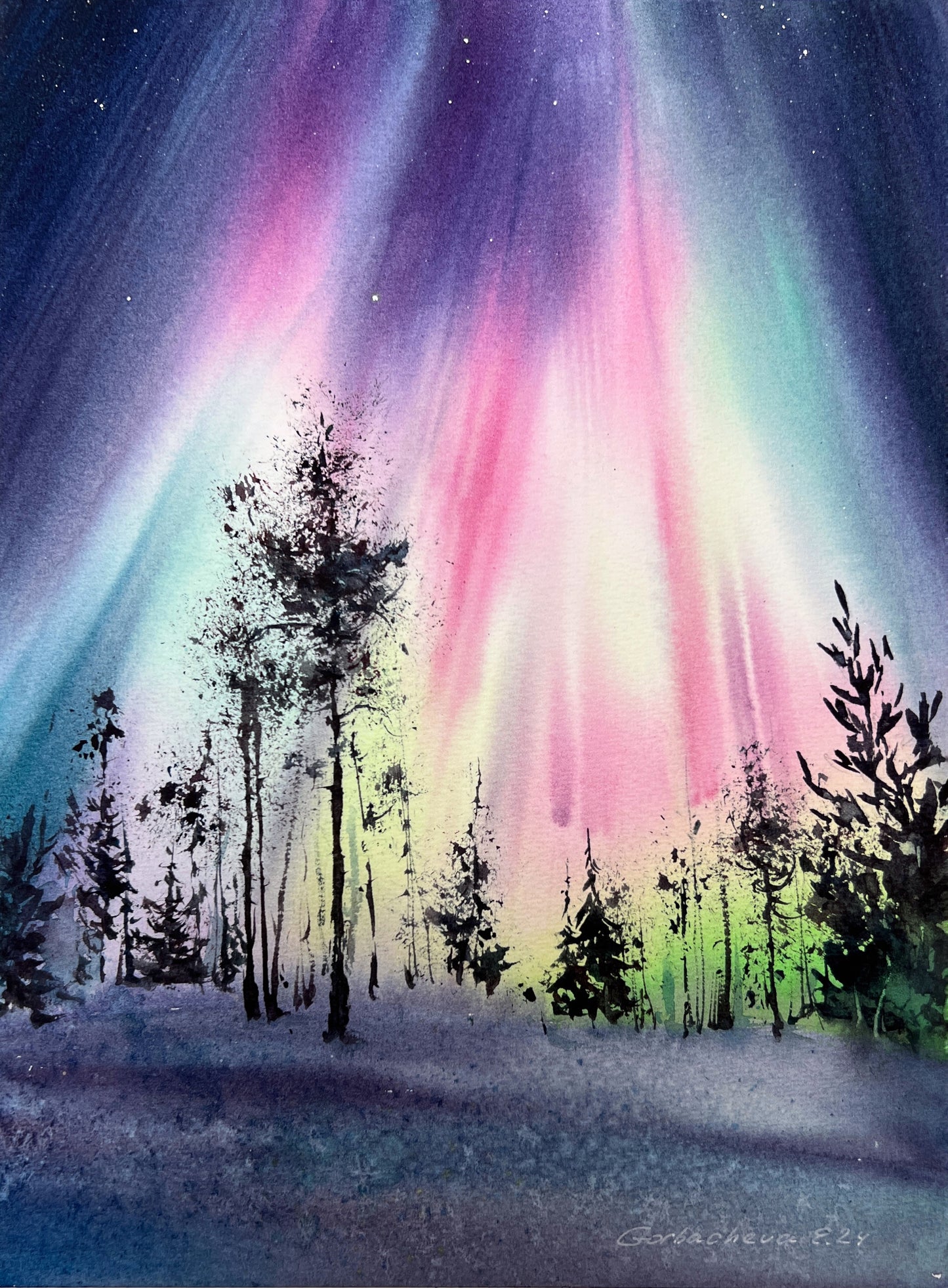 Scandinavian Landscape Watercolor Original Painting - Stunning "Northern Lights #53"