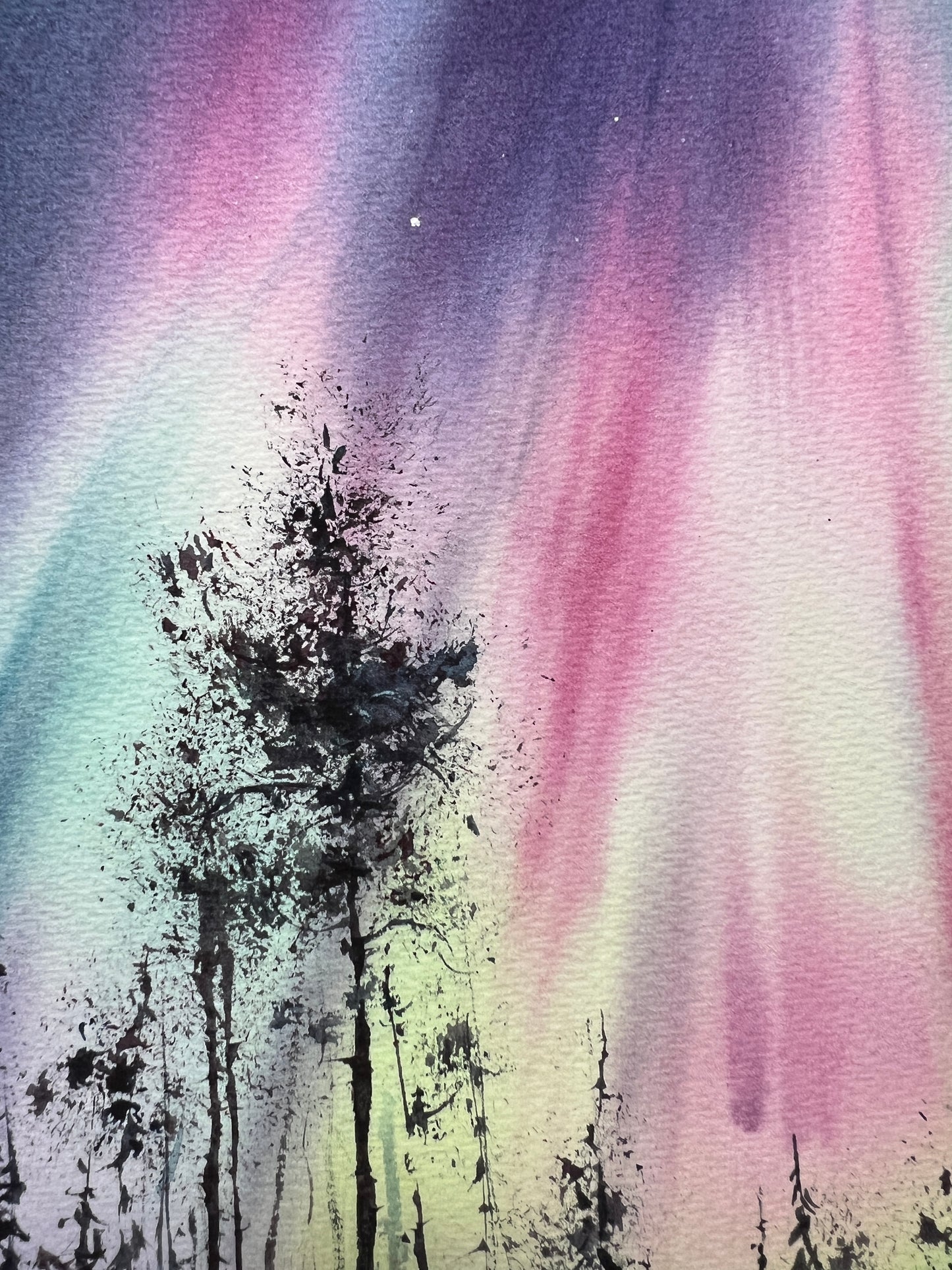 Scandinavian Landscape Watercolor Original Painting - Stunning "Northern Lights #53"