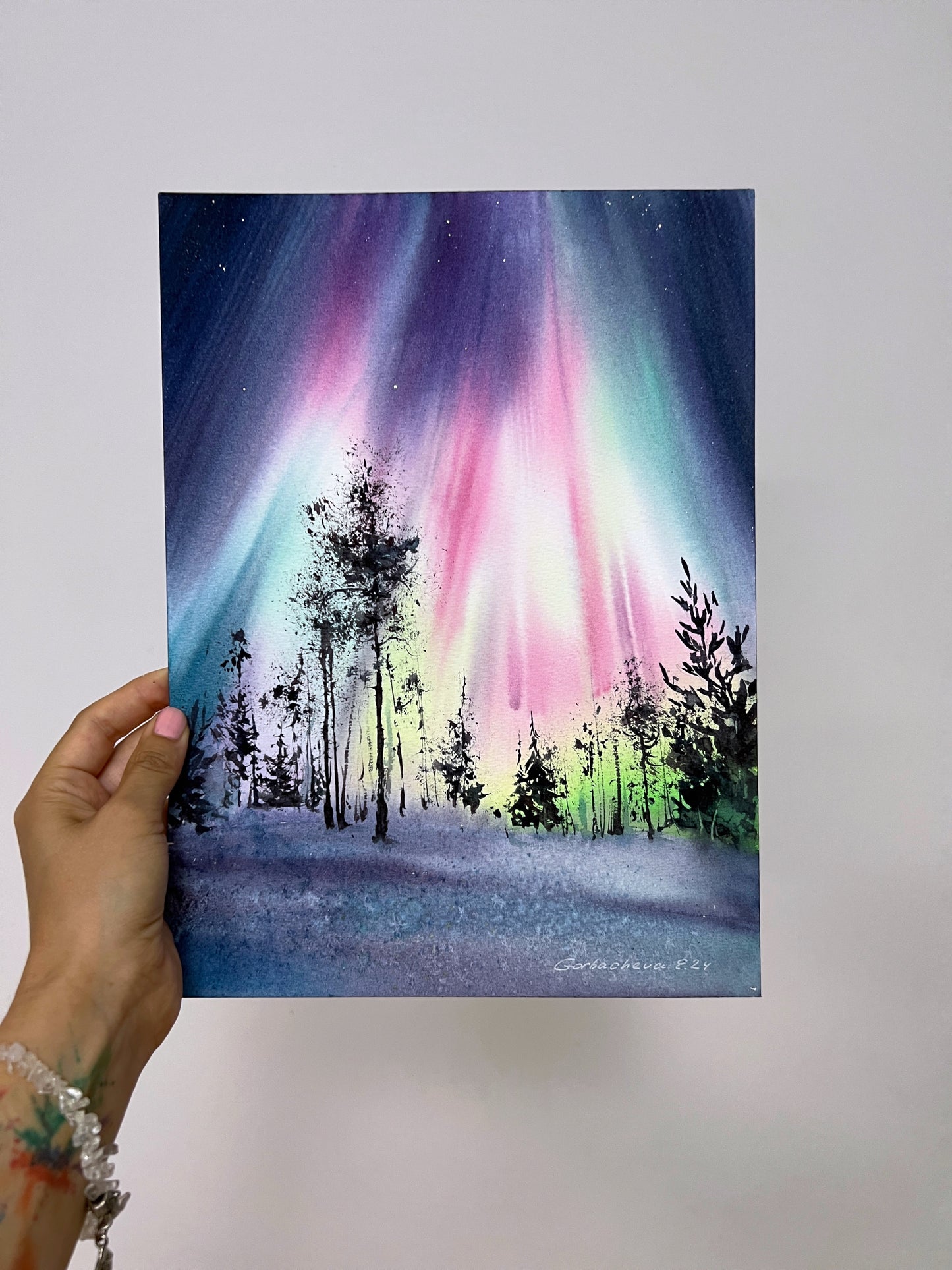 Scandinavian Landscape Watercolor Original Painting - Stunning "Northern Lights #53"