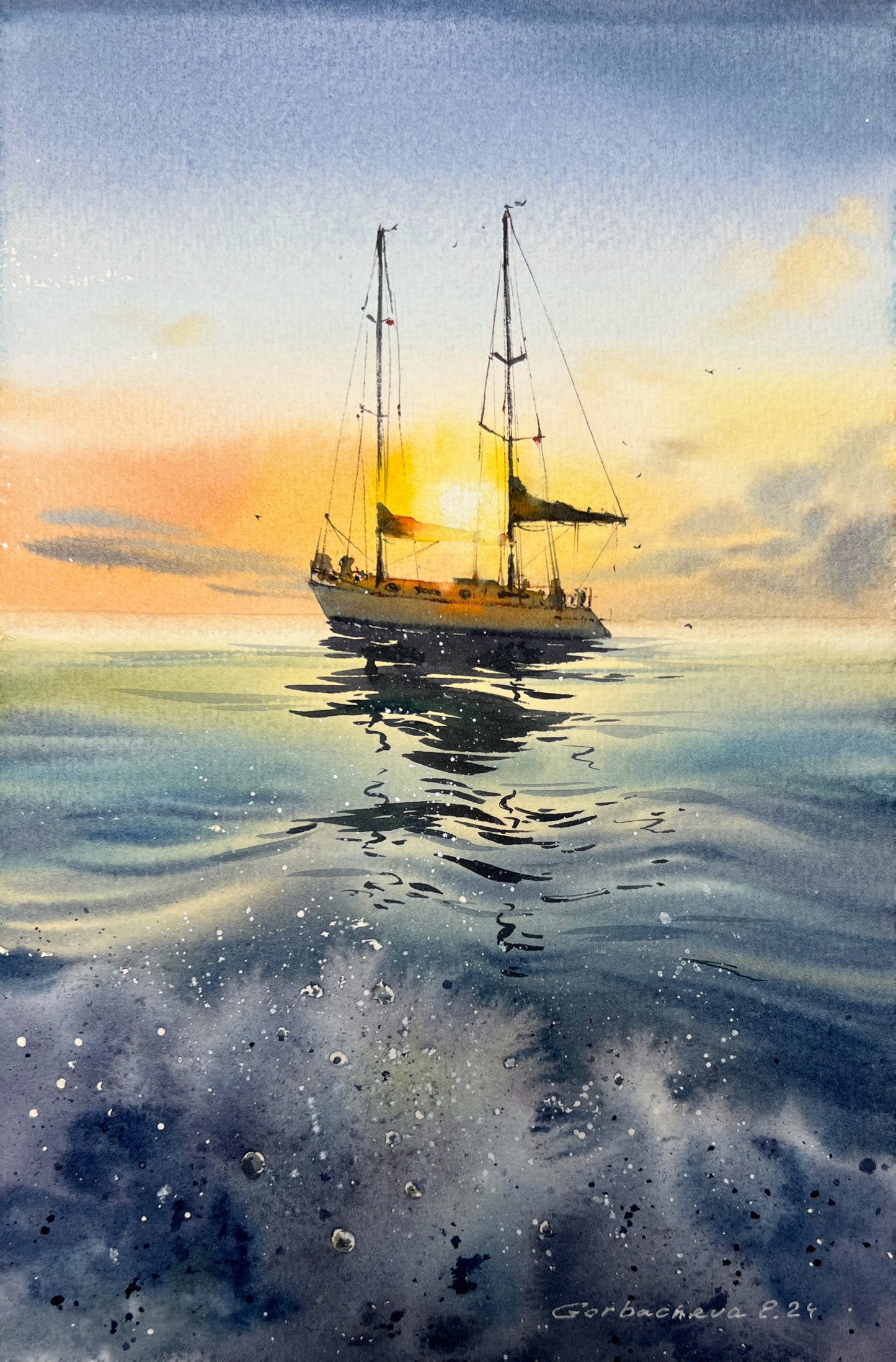 Sailboat Sunset Watercolor Painting - Yacht in the Sea at Sunset #11 - 8x12 Inch Artwork