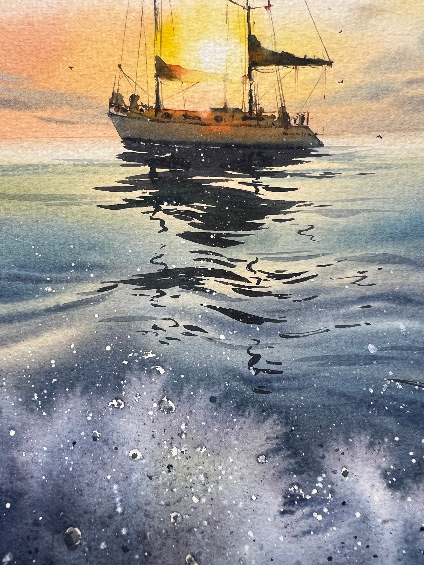 Sailboat Sunset Watercolor Painting - Yacht in the Sea at Sunset #11 - 8x12 Inch Artwork