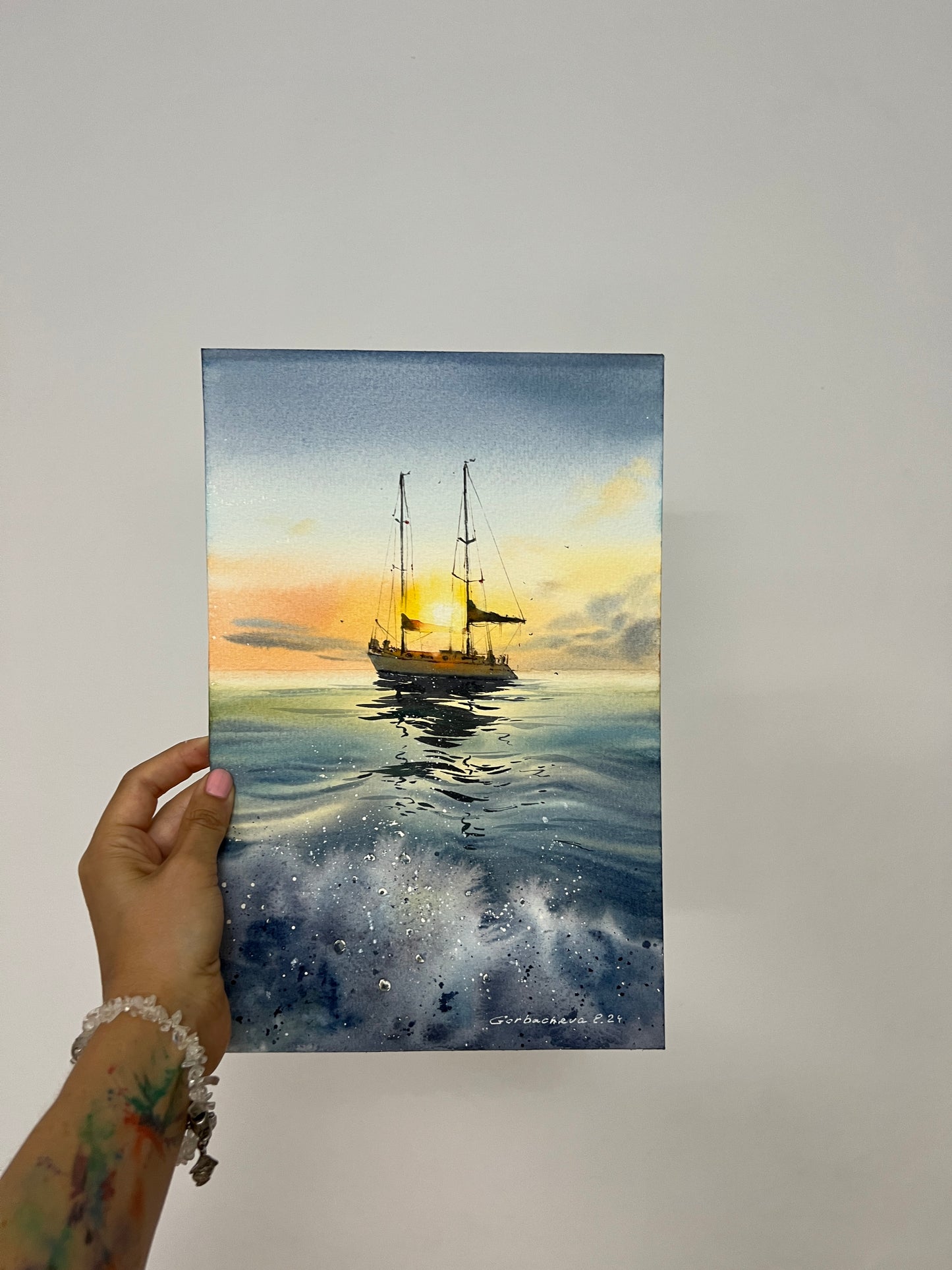 Sailboat Sunset Watercolor Painting - Yacht in the Sea at Sunset #11 - 8x12 Inch Artwork