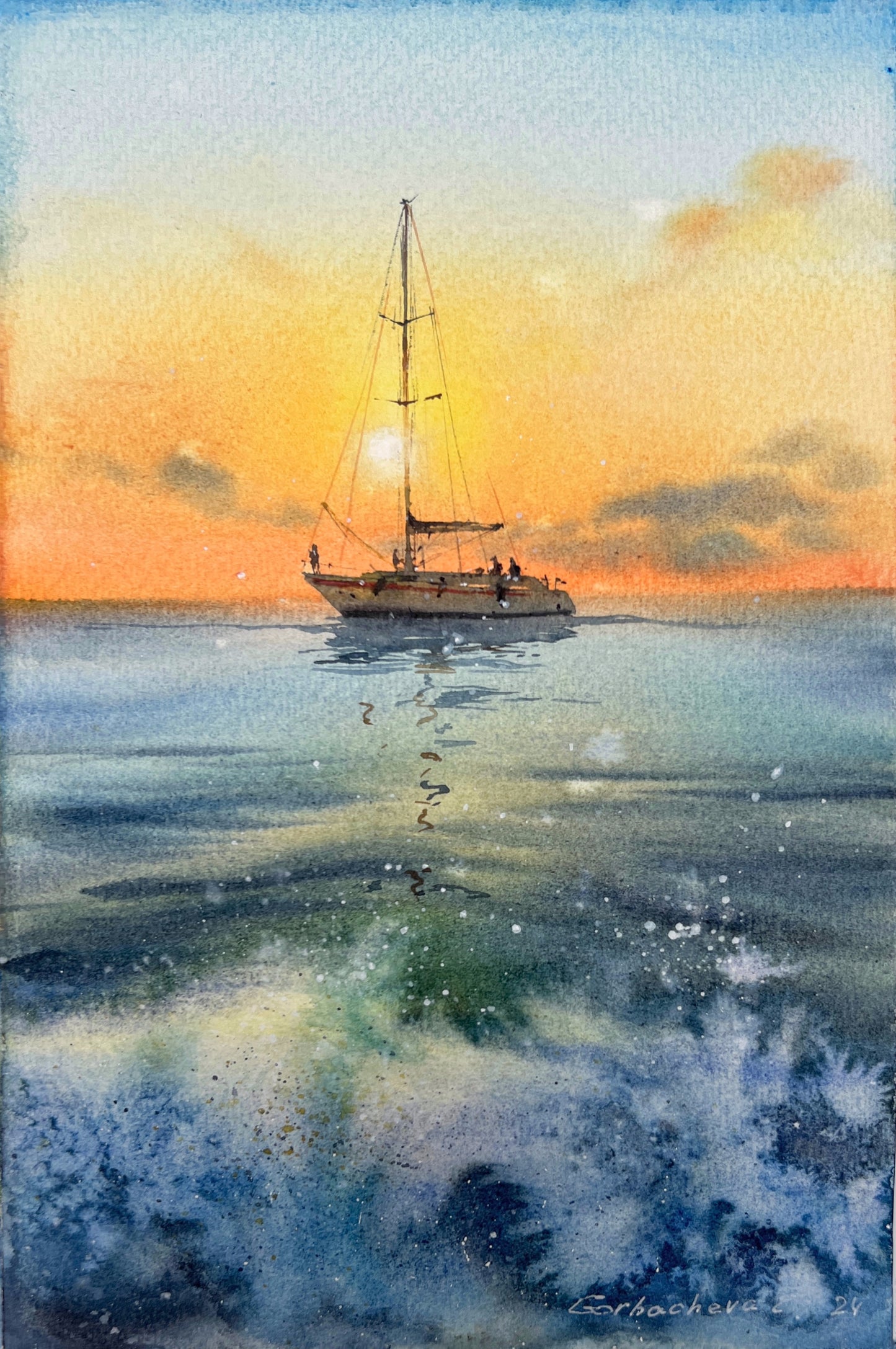 Nautical Art: 'Yacht in the sea at sunset #12' Watercolor Painting, 8x12 Inch - Ideal Gift for Sailboat Enthusiasts