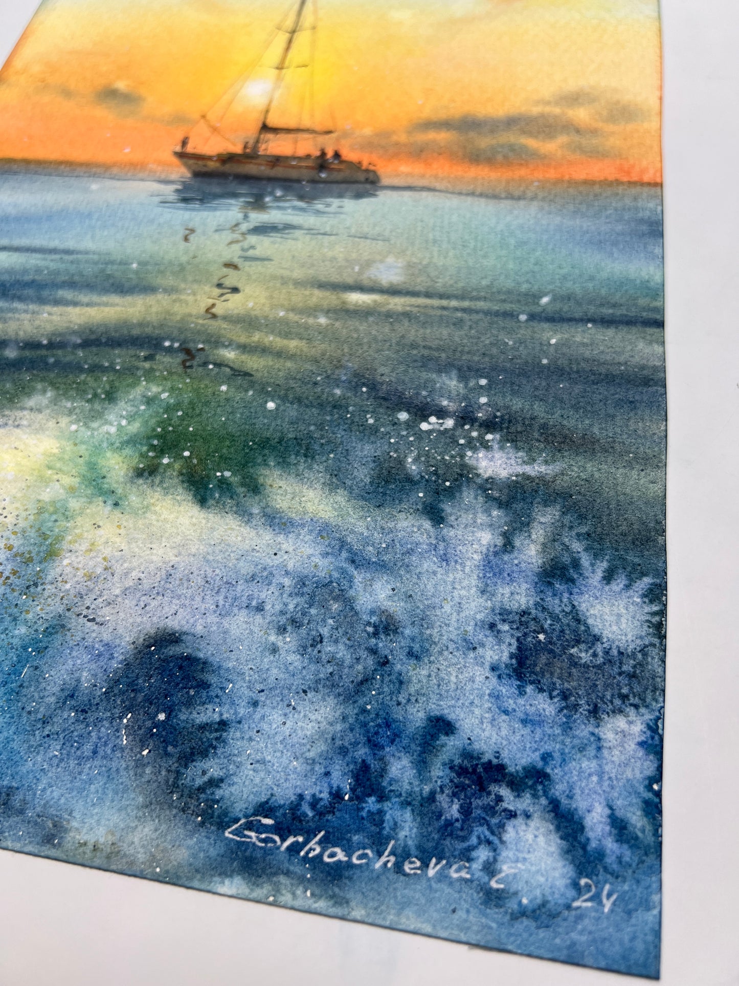 Nautical Art: 'Yacht in the sea at sunset #12' Watercolor Painting, 8x12 Inch - Ideal Gift for Sailboat Enthusiasts