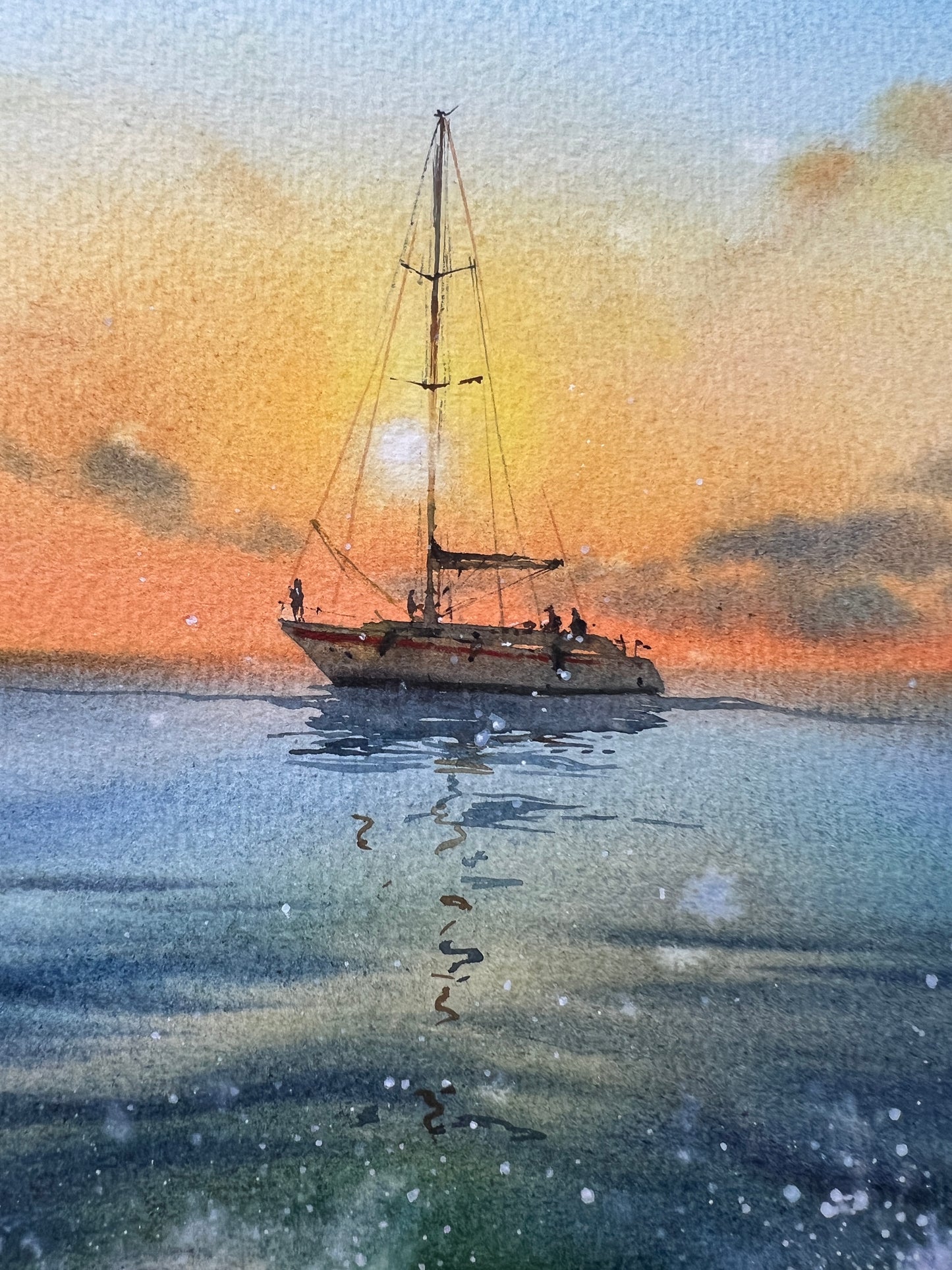 Nautical Art: 'Yacht in the sea at sunset #12' Watercolor Painting, 8x12 Inch - Ideal Gift for Sailboat Enthusiasts