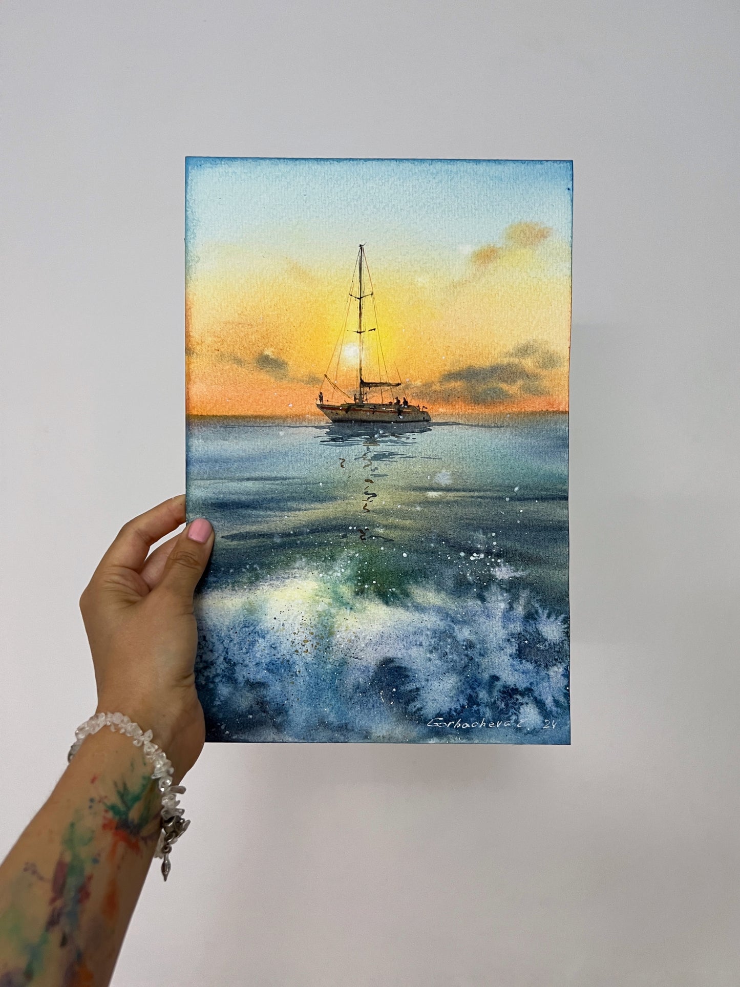 Nautical Art: 'Yacht in the sea at sunset #12' Watercolor Painting, 8x12 Inch - Ideal Gift for Sailboat Enthusiasts