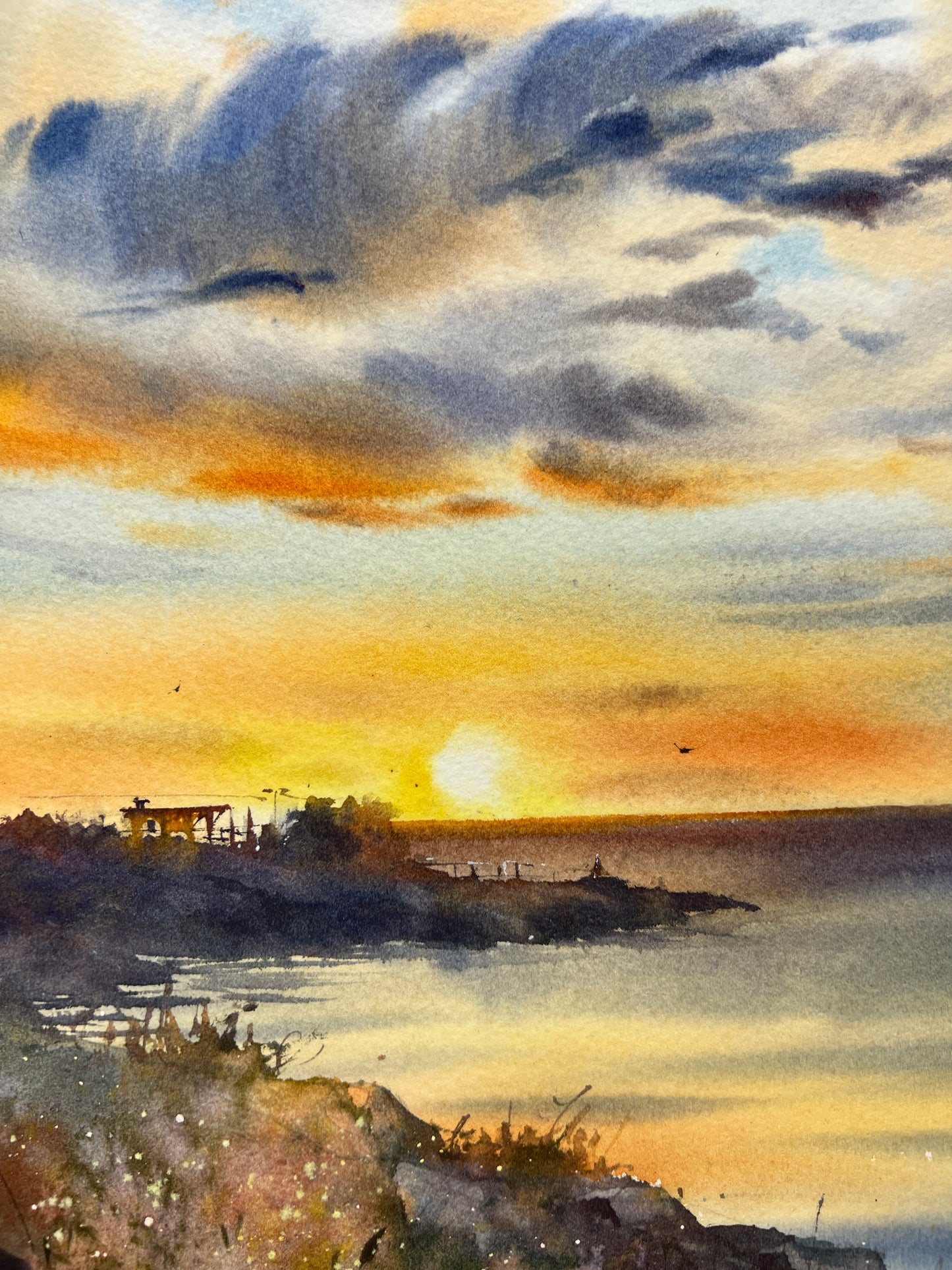 Sunset in Cyprus Coastal Landscape - Original Watercolor Painting