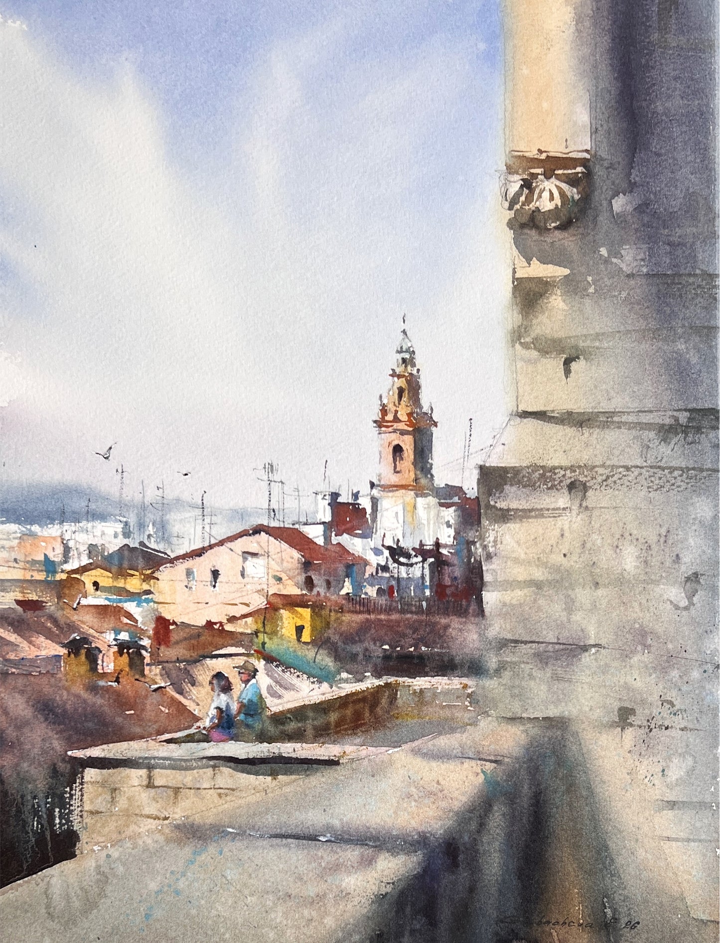 Spanish Watercolor Cityscape Painting, Old Town Rooftops, Sun Over Old Spain 11x15