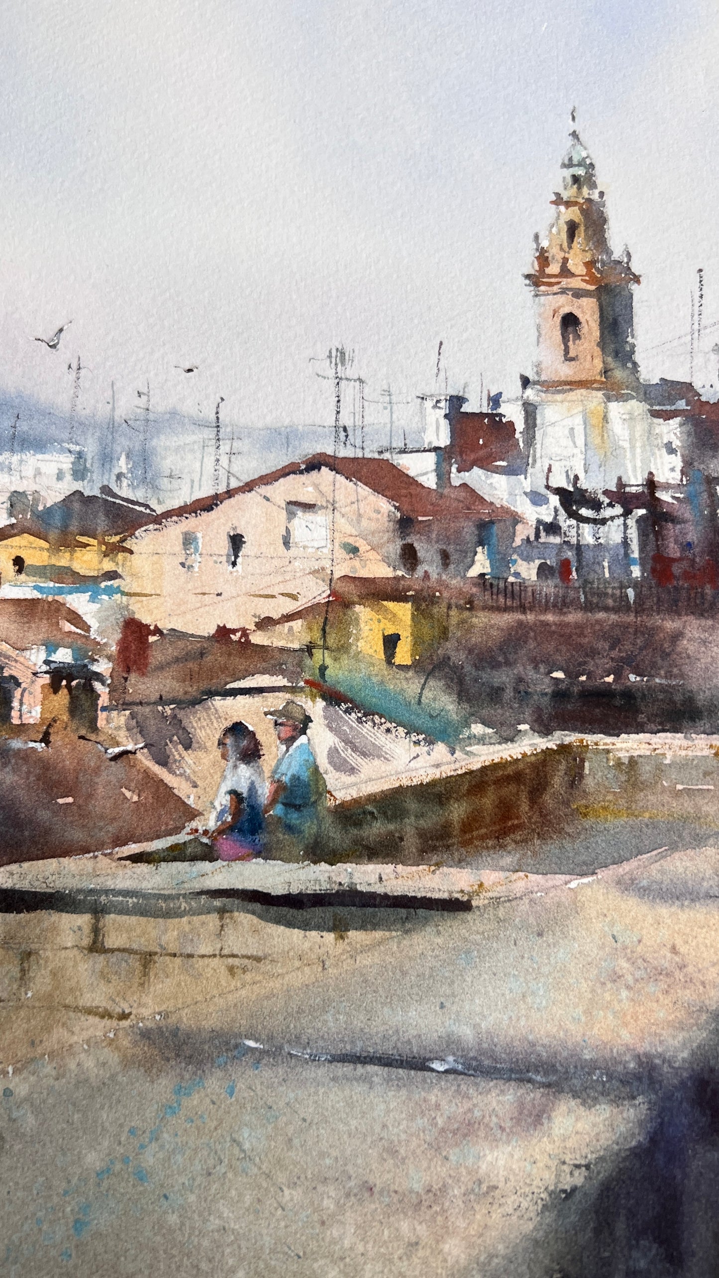 Spanish Watercolor Cityscape Painting, Old Town Rooftops, Sun Over Old Spain 11x15