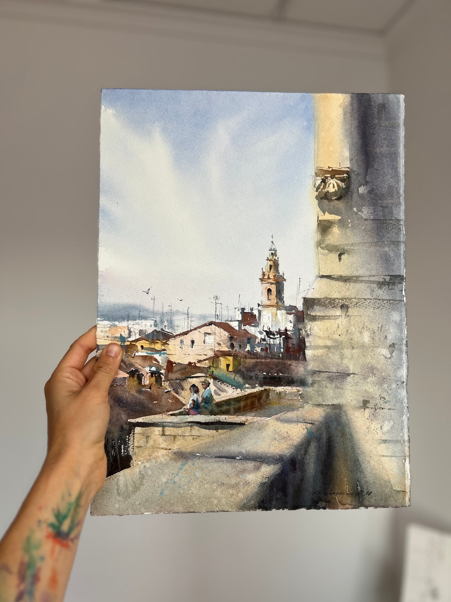 Spanish Watercolor Cityscape Painting, Old Town Rooftops, Sun Over Old Spain 11x15
