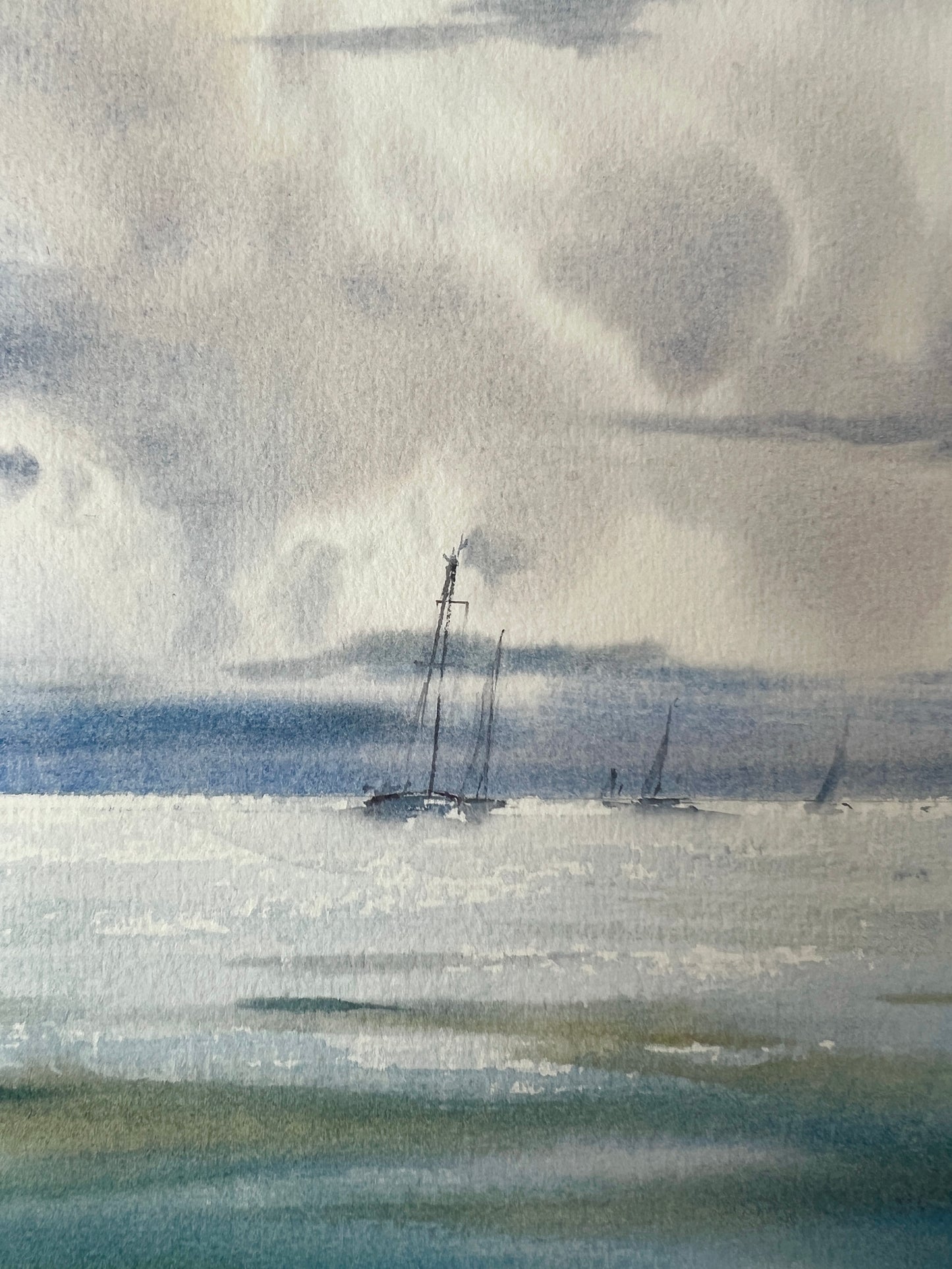 Yachts at Sea #21: Original Watercolor Artwork of Serene Seaside Scene