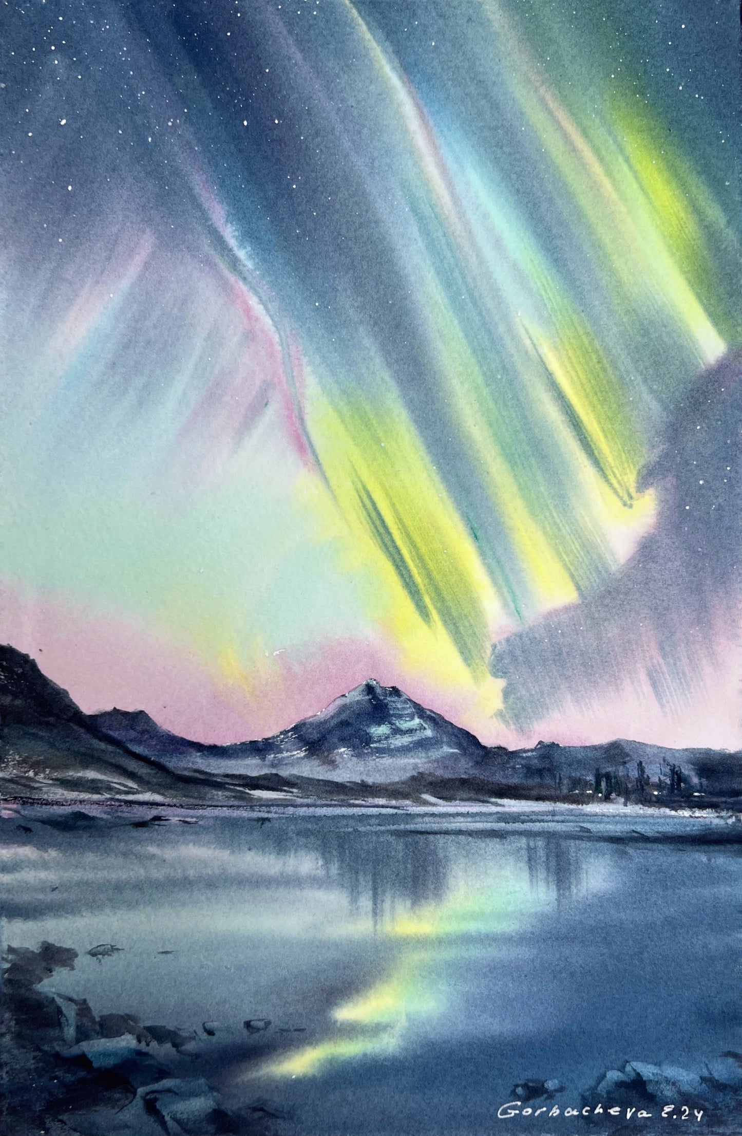 Snowy Landscape Painting Watercolor Original - Northern lights #54