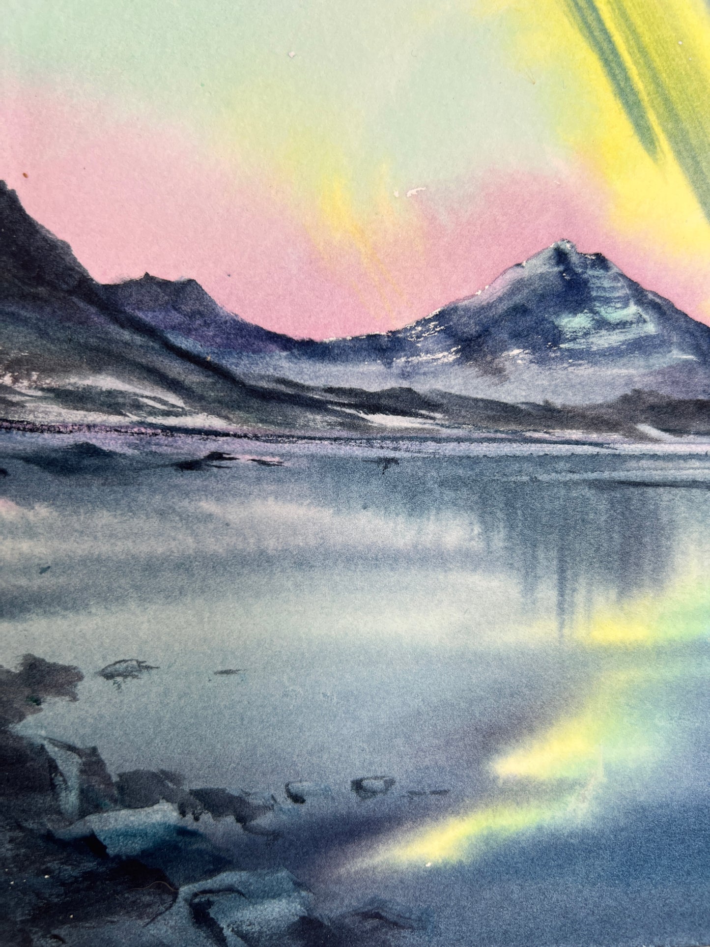 Snowy Landscape Painting Watercolor Original - Northern lights #54