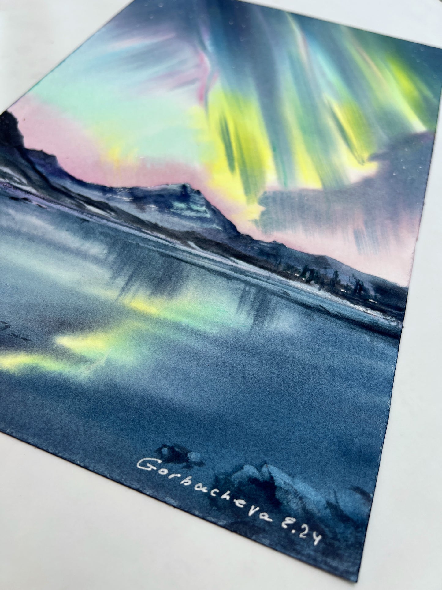 Snowy Landscape Painting Watercolor Original - Northern lights #54