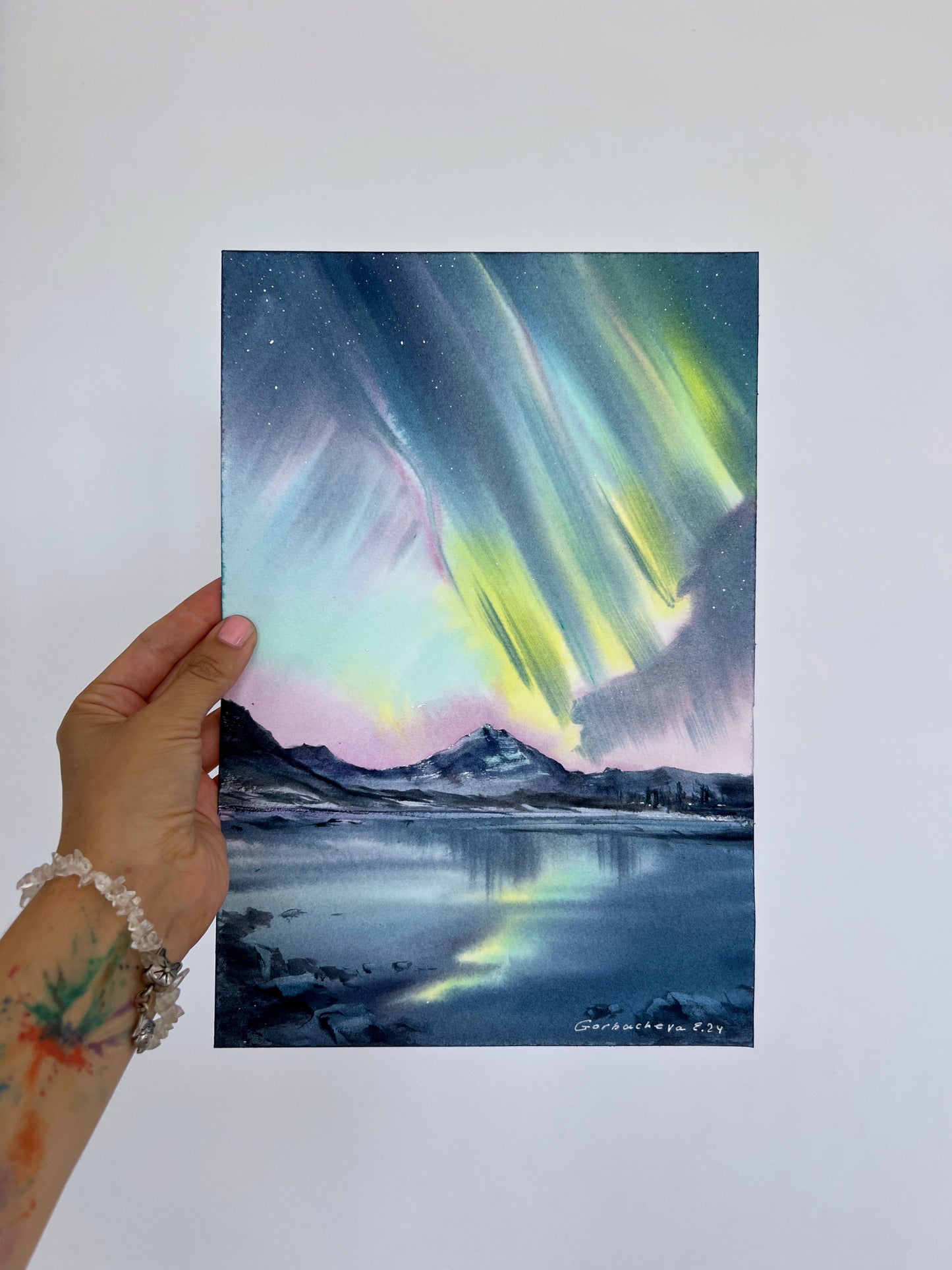 Snowy Landscape Painting Watercolor Original - Northern lights #54