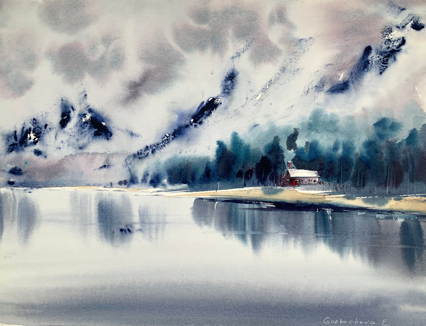 Winter Landscape Watercolor Painting, Lake house #2 12x16